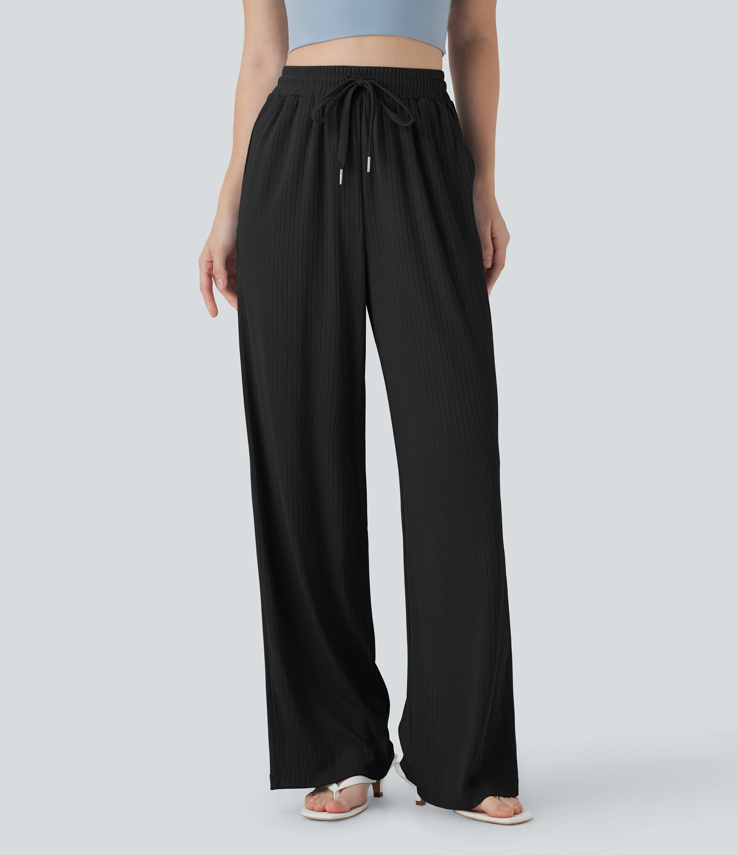 Halara Pantalones rectos casuales de punto acanalado con tiro alto y cordón ajustable y bolsillos laterales - Black - XS(regular) sold by Halara product image thumbnail 2