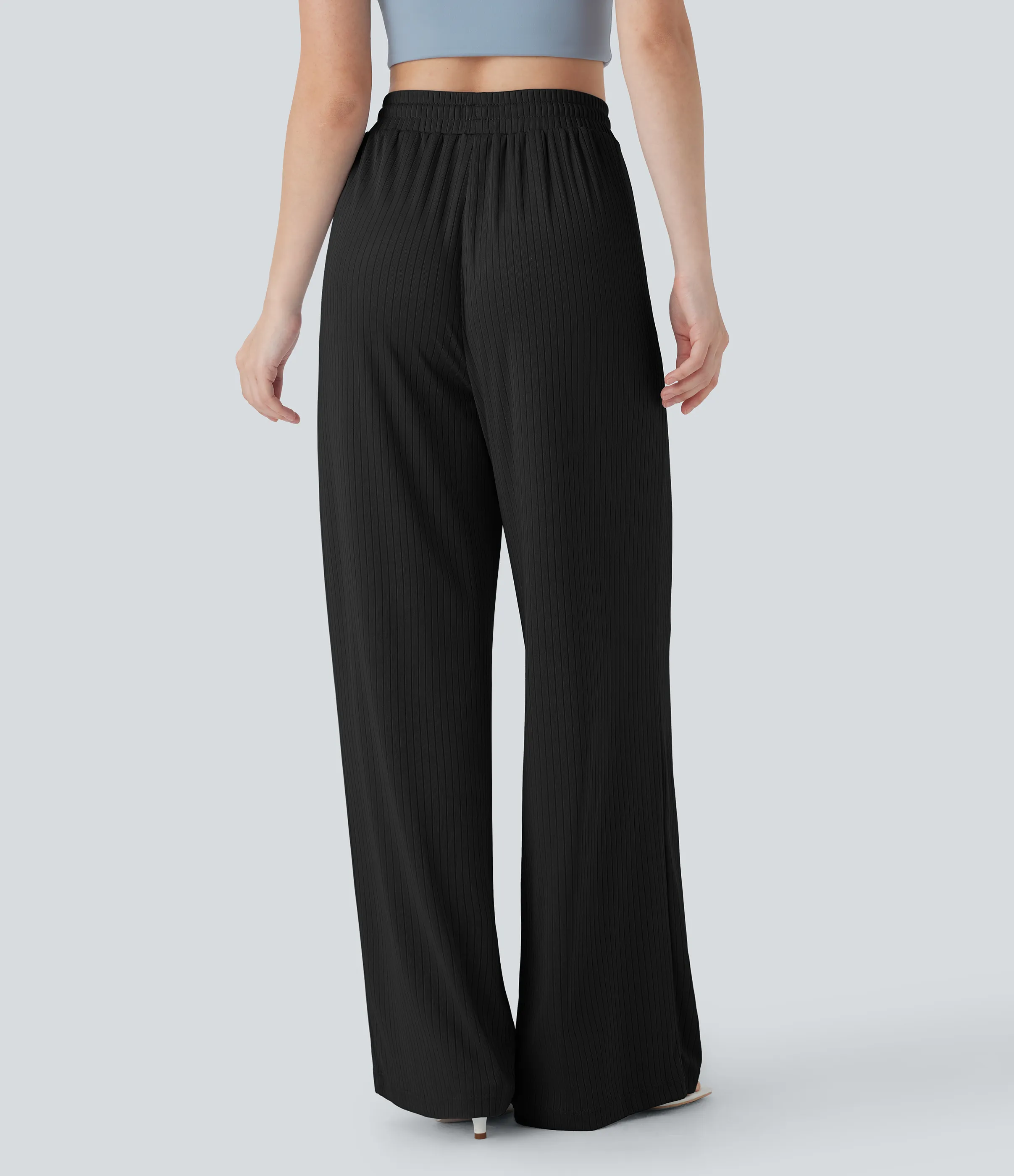 Halara Pantalones rectos casuales de punto acanalado con tiro alto y cordón ajustable y bolsillos laterales - Black - XS(regular) sold by Halara product image thumbnail 3