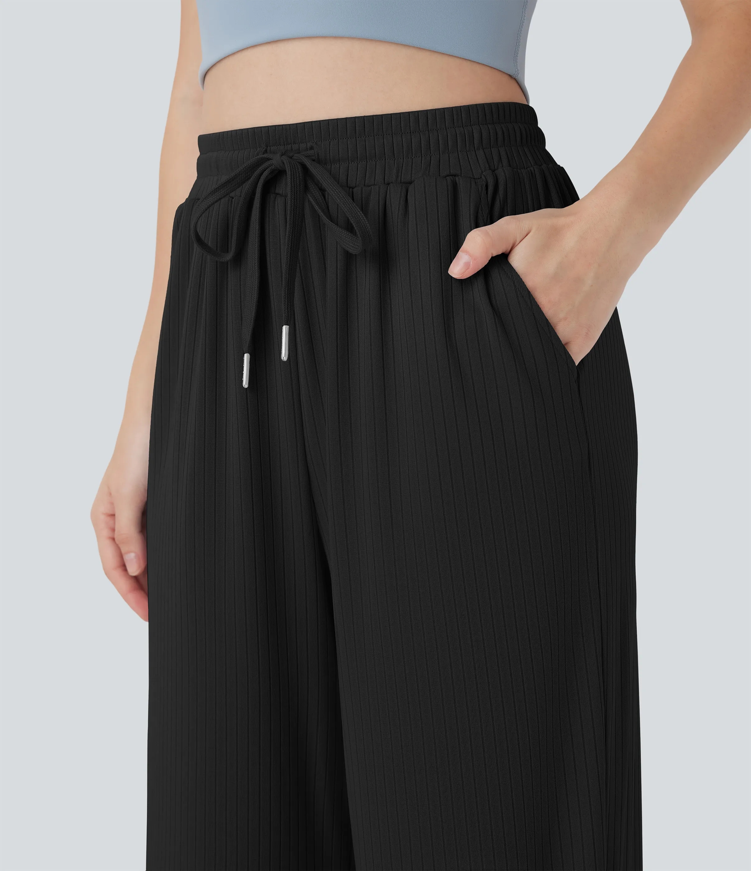 Halara Pantalones rectos casuales de punto acanalado con tiro alto y cordón ajustable y bolsillos laterales - Black - XS(regular) sold by Halara product image thumbnail 5