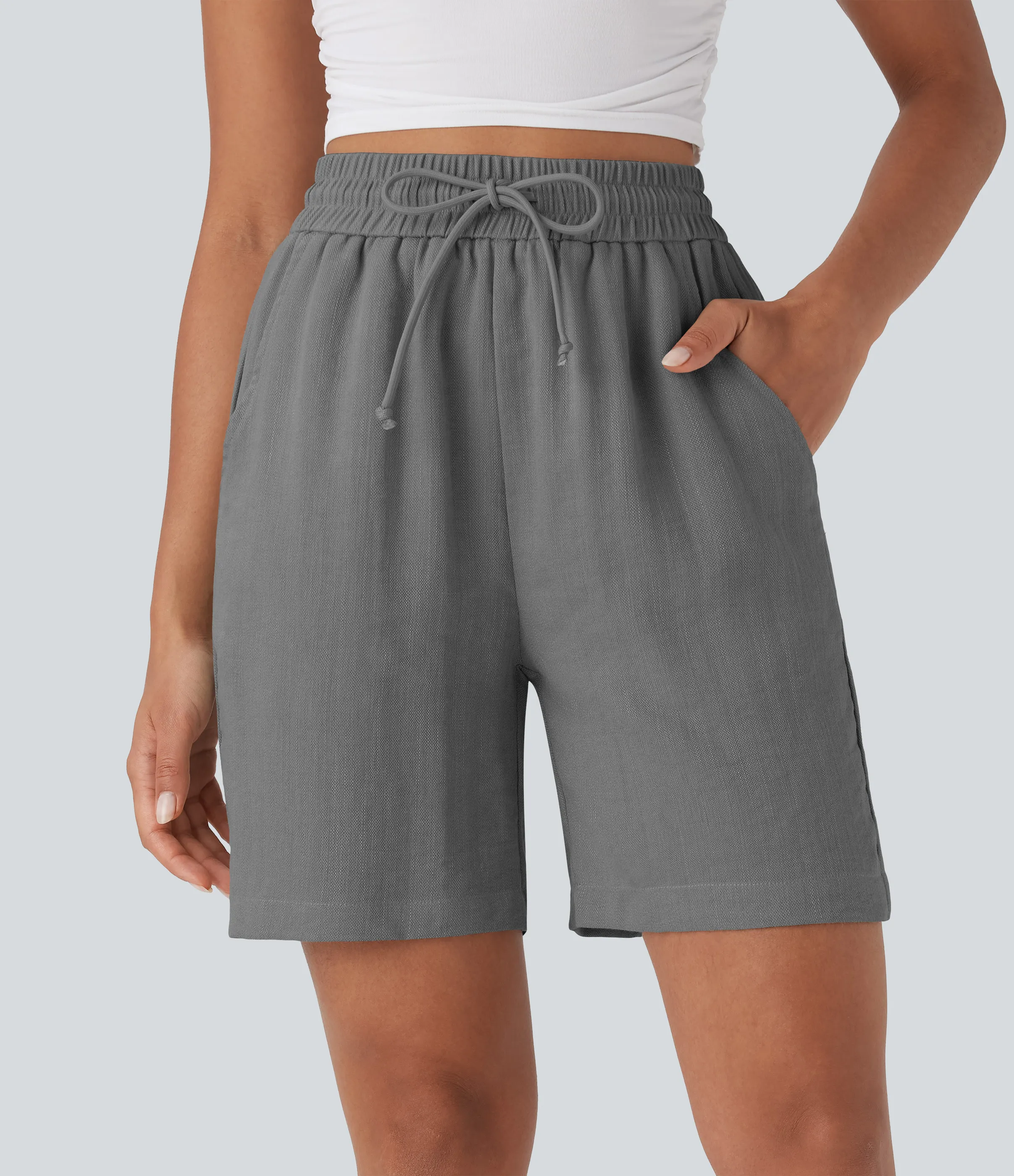 Halara Shorts casuales de lino con tiro alto y cordón ajustable con bolsillos laterales - Steel Gray - XS sold by Halara