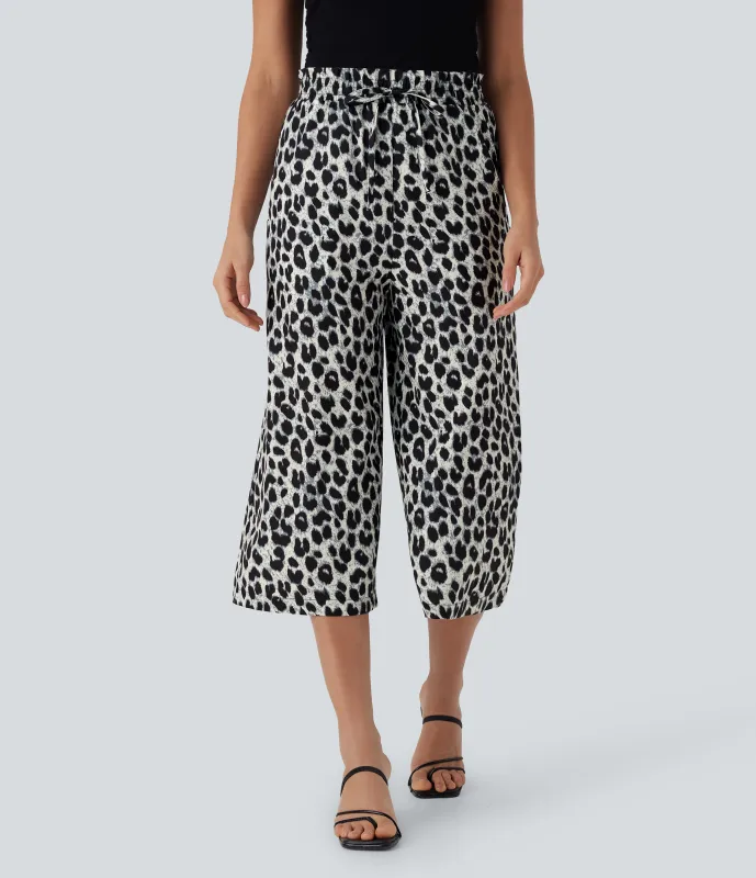 Halara Pantalones capri anchos casuales de tiro alto con cordón estampado de leopardo y bolsillos laterales - Silver Leopard Print - M(regular) sold by Halara