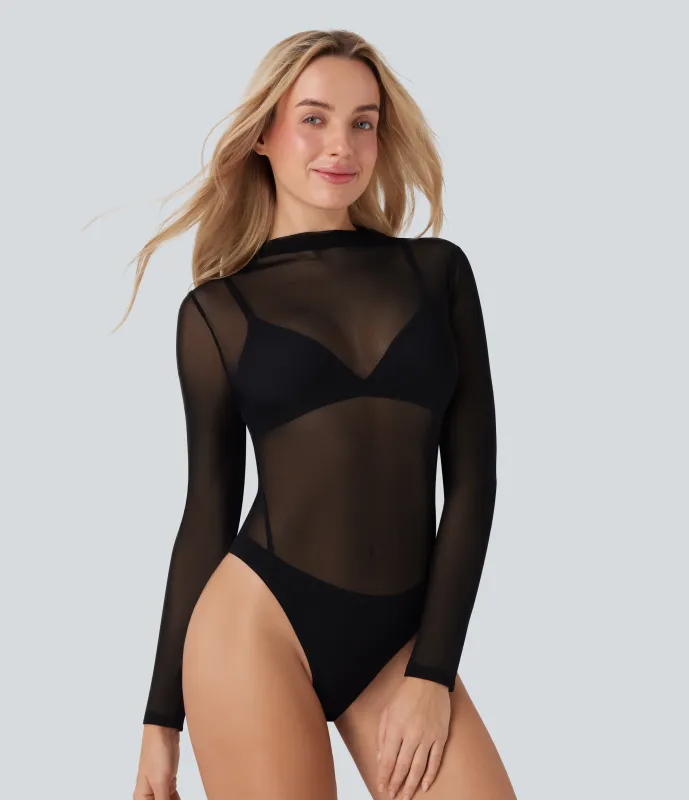 Halara Body casual de malla transparente con cuello alto y botones a presión - Black - L sold by Halara