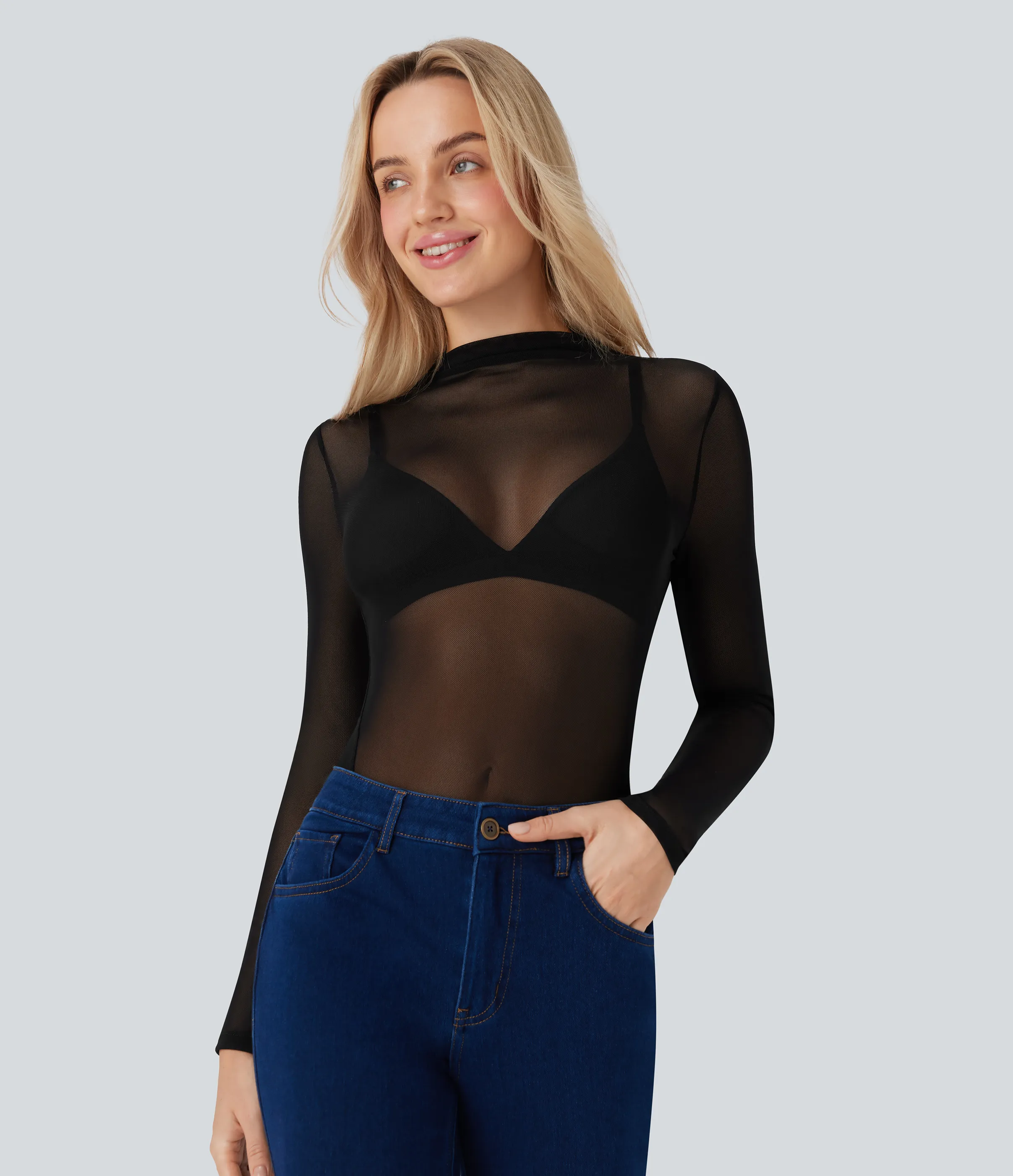 Halara Body casual de malla transparente con cuello alto y botones a presión - Black - L sold by Halara product image thumbnail 3