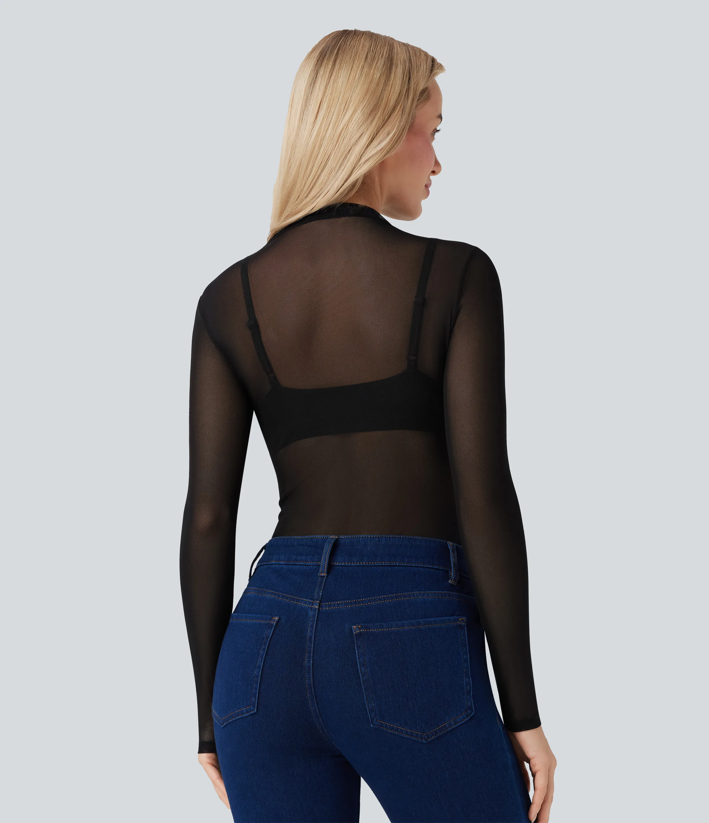 Halara Body casual de malla transparente con cuello alto y botones a presión - Black - L sold by Halara product image thumbnail 5