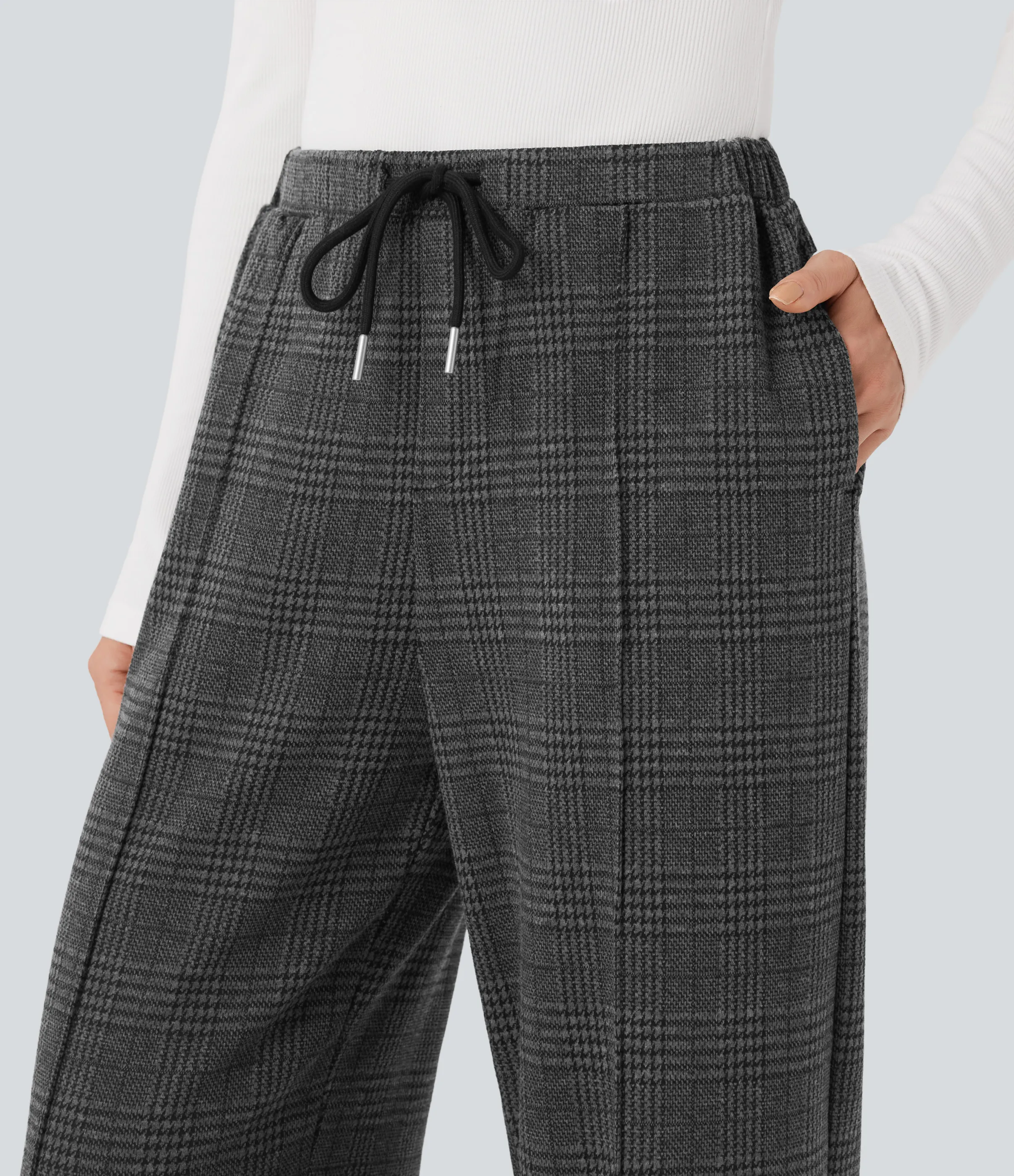 Halara Pantalones de oficina rectos Halara Flex™ de tiro medio con cordón a cuadros y bolsillos - Charcoal Black Houndstooth Plaid - L(regular) sold by Halara product image thumbnail 5