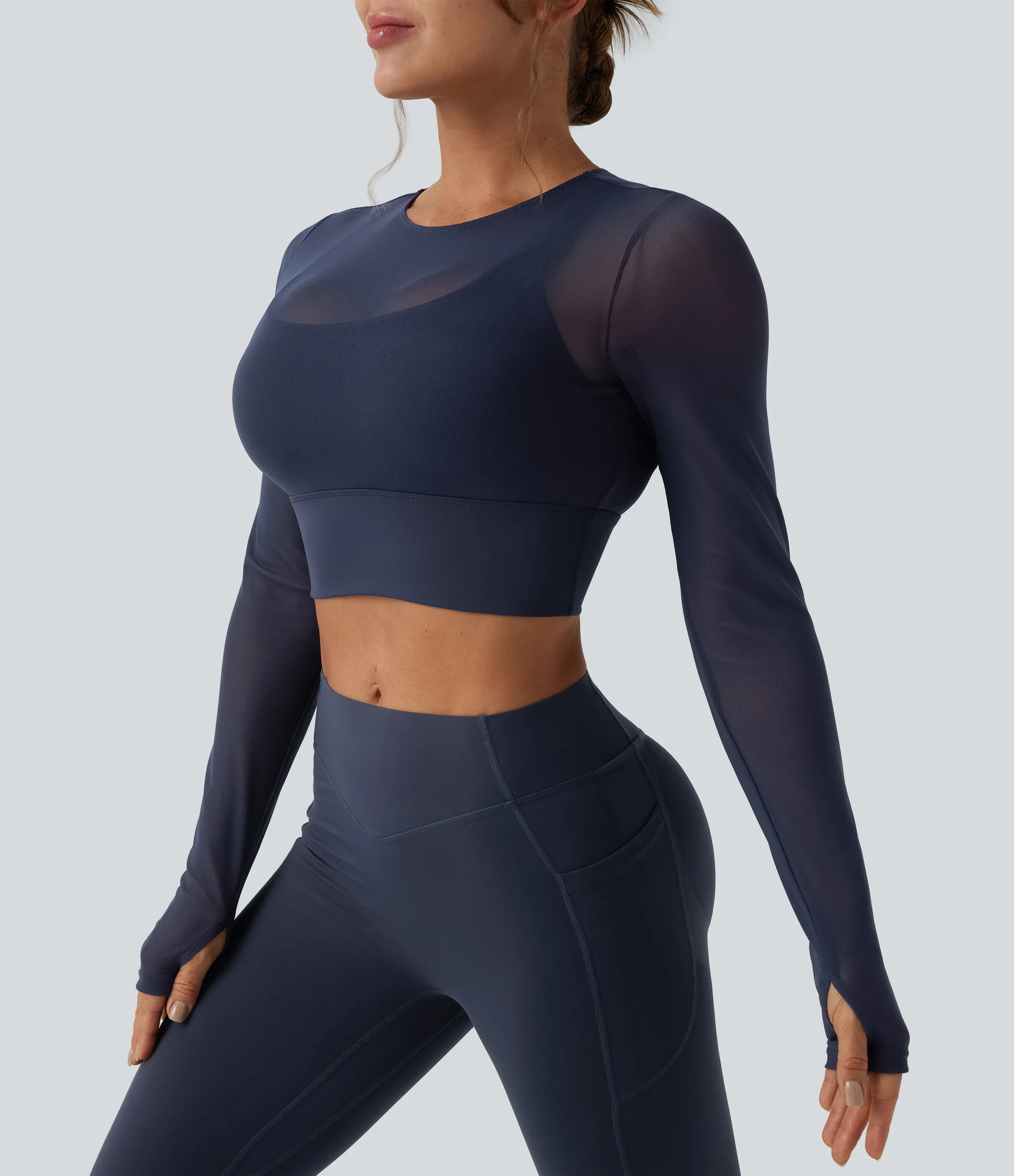 Halara Top deportivo de yoga 2 en 1 de manga larga con abertura para el pulgar y malla en contraste - Oceana - M sold by Halara product image thumbnail 5