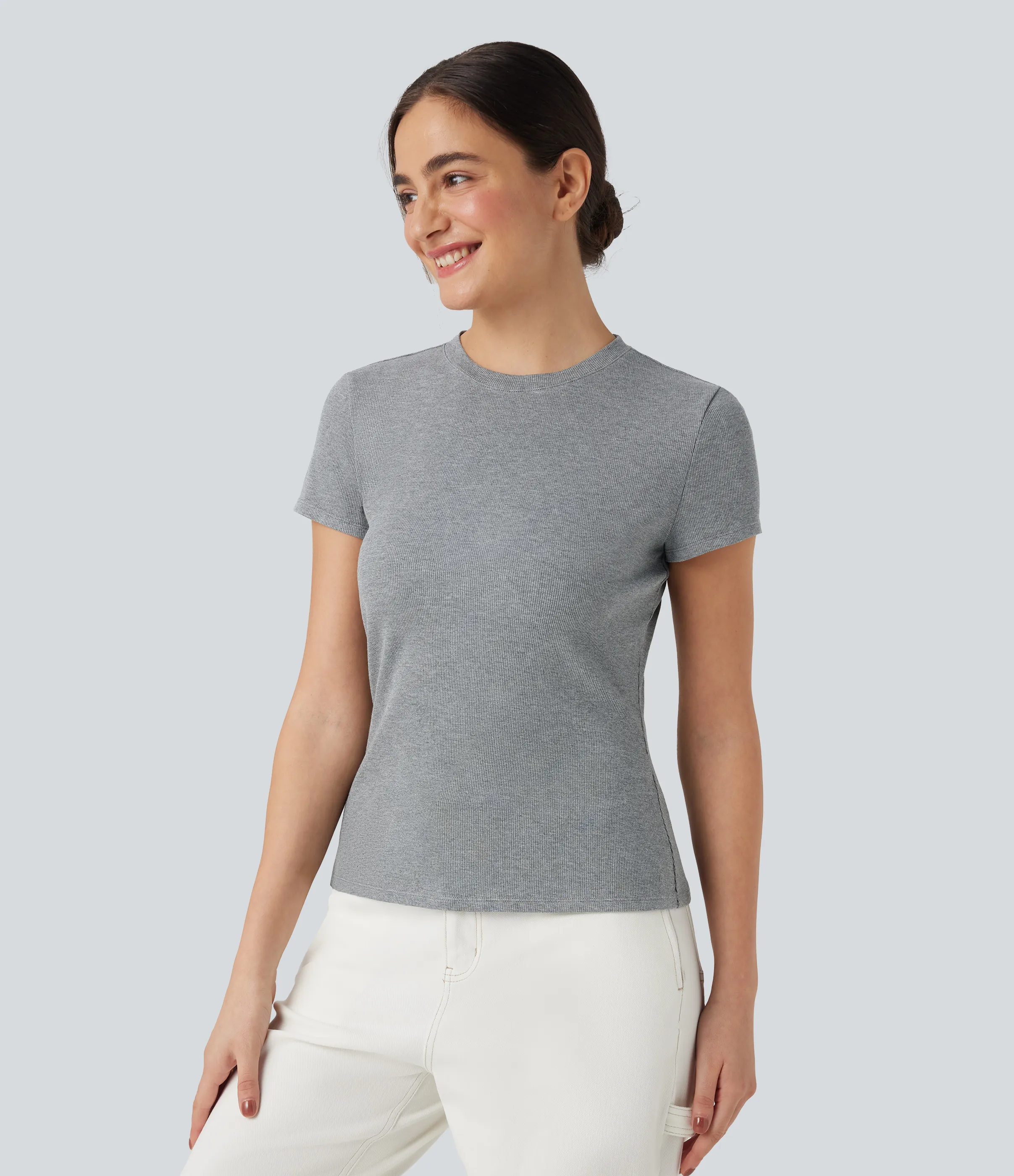 Halara Camiseta casual ajustada de manga corta y cuello redondo acanalado - Ash Grey - XS sold by Halara product image thumbnail 4