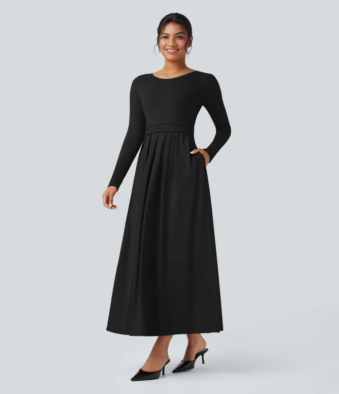 Halara Vestido largo maxi casual de manga larga y cuello redondo con bolsillos - Black - XL sold by Halara