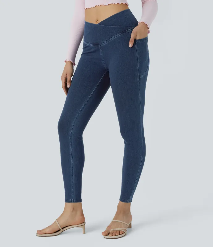 Halara Leggings Halara Flex™ Denim oficina mezclilla elástico lavado bolsillo lateral cruzado - Unitary Blue Denim - XL(7/8) sold by Halara
