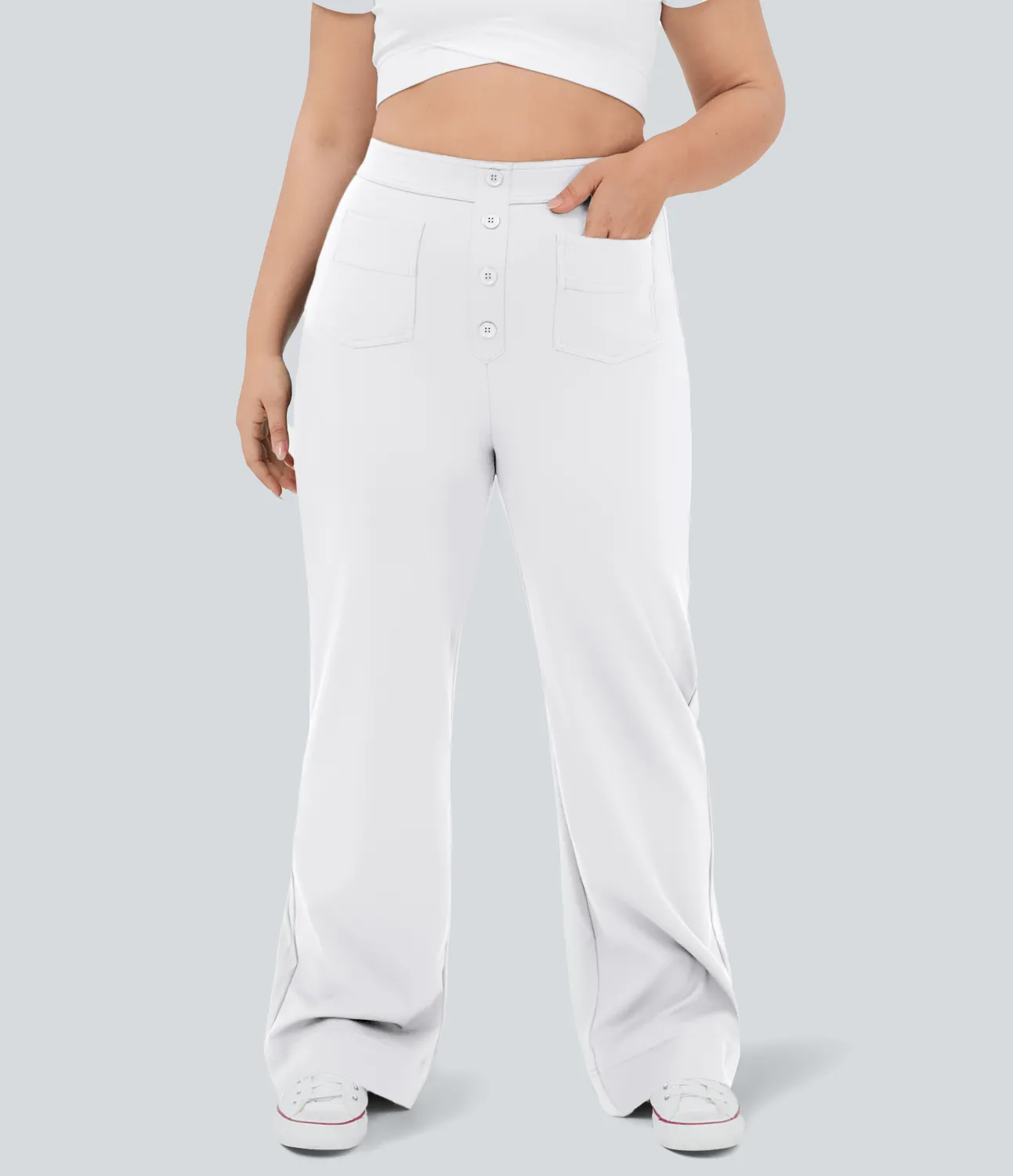 Halara Pantalón tiro alto botón múltiple bolsillo pierna recta talla grande - White - 3X sold by Halara