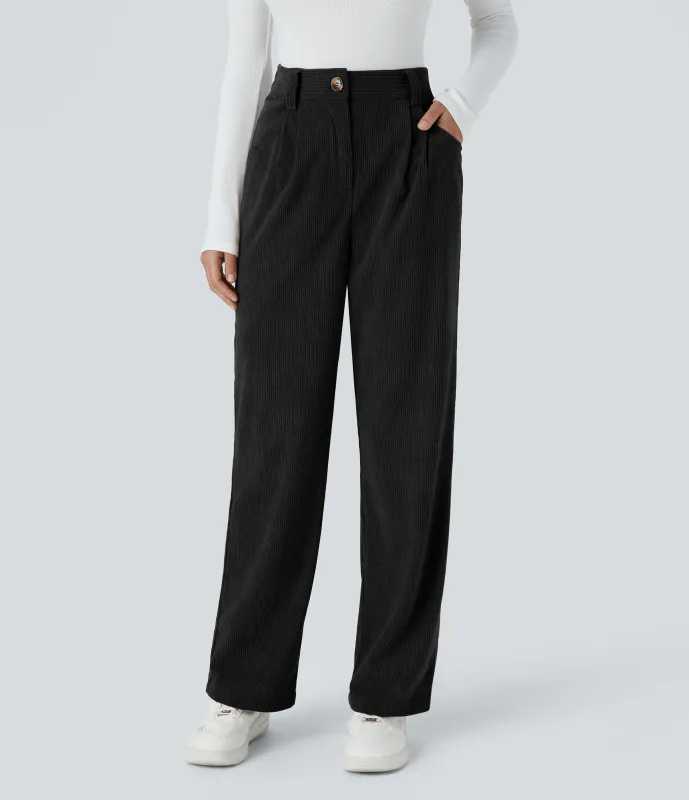 Halara Pantalón pana bolsillo lateral cremallera botón tiro alto - Black - XL(regular) made by Halara