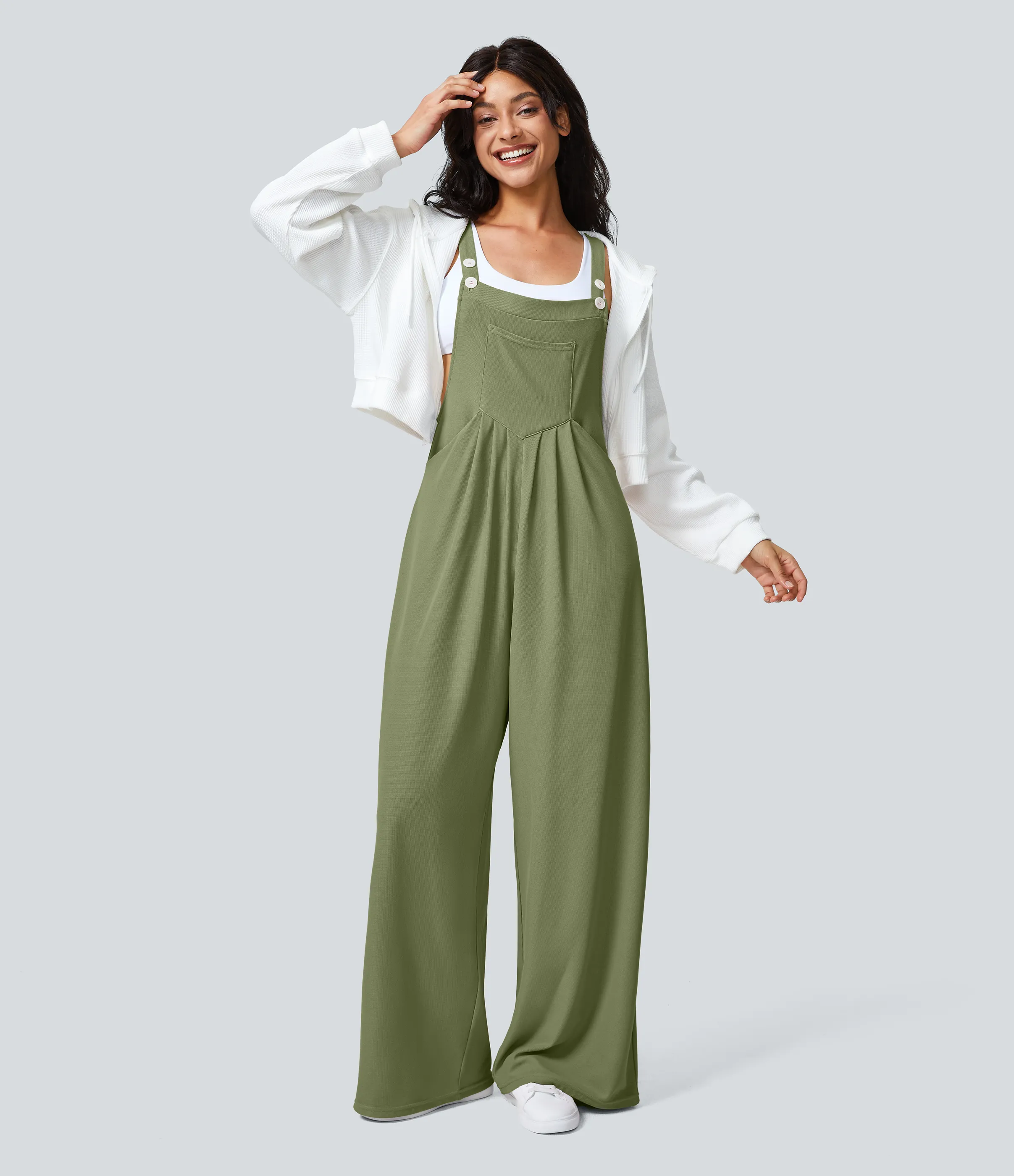 Halara Overol botón correa ajustable bolsillo múltiple gofre plisado - Loden Green - XS(tall) sold by Halara