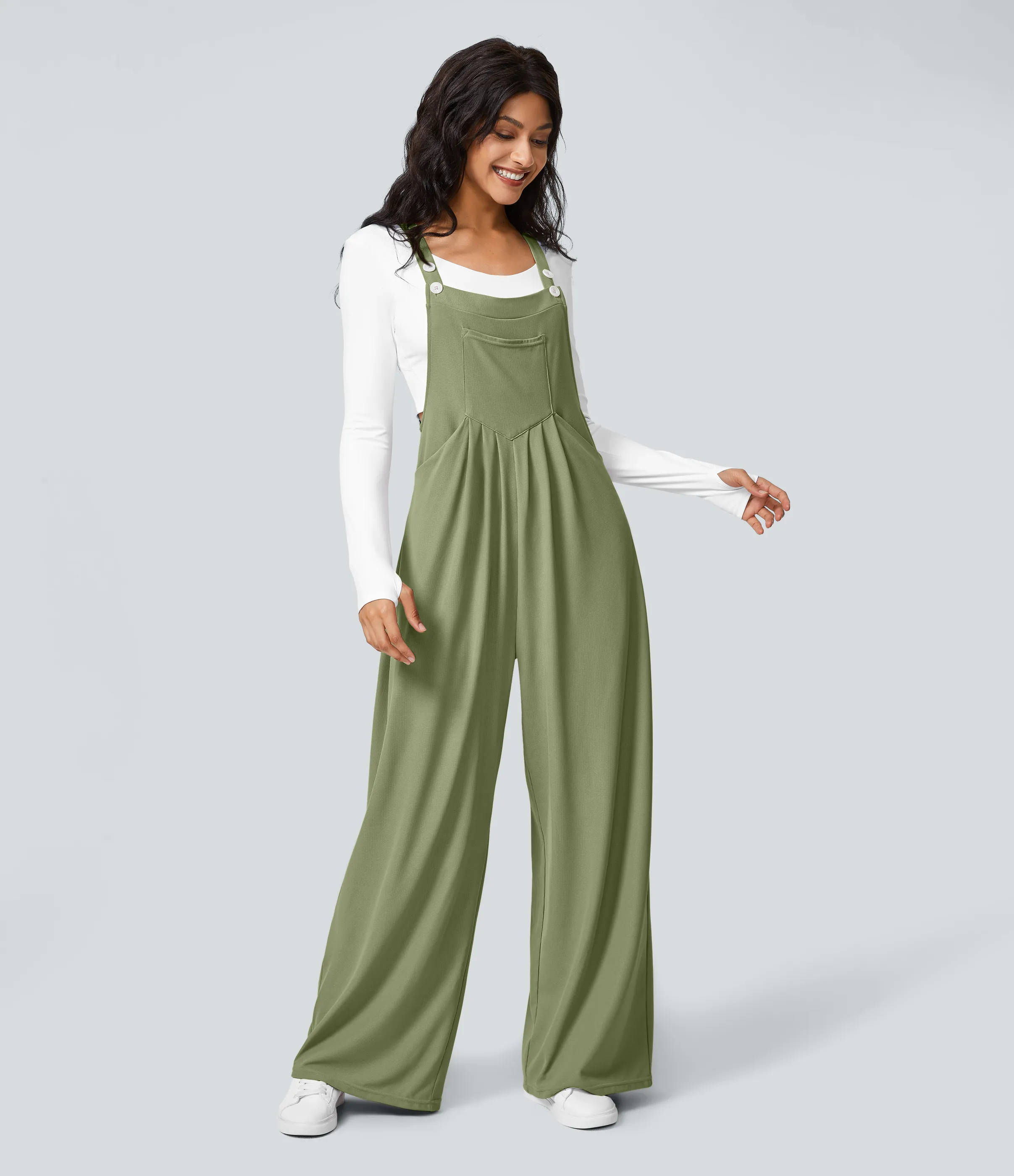 Halara Overol botón correa ajustable bolsillo múltiple gofre plisado - Loden Green - XS(tall) sold by Halara product image thumbnail 3