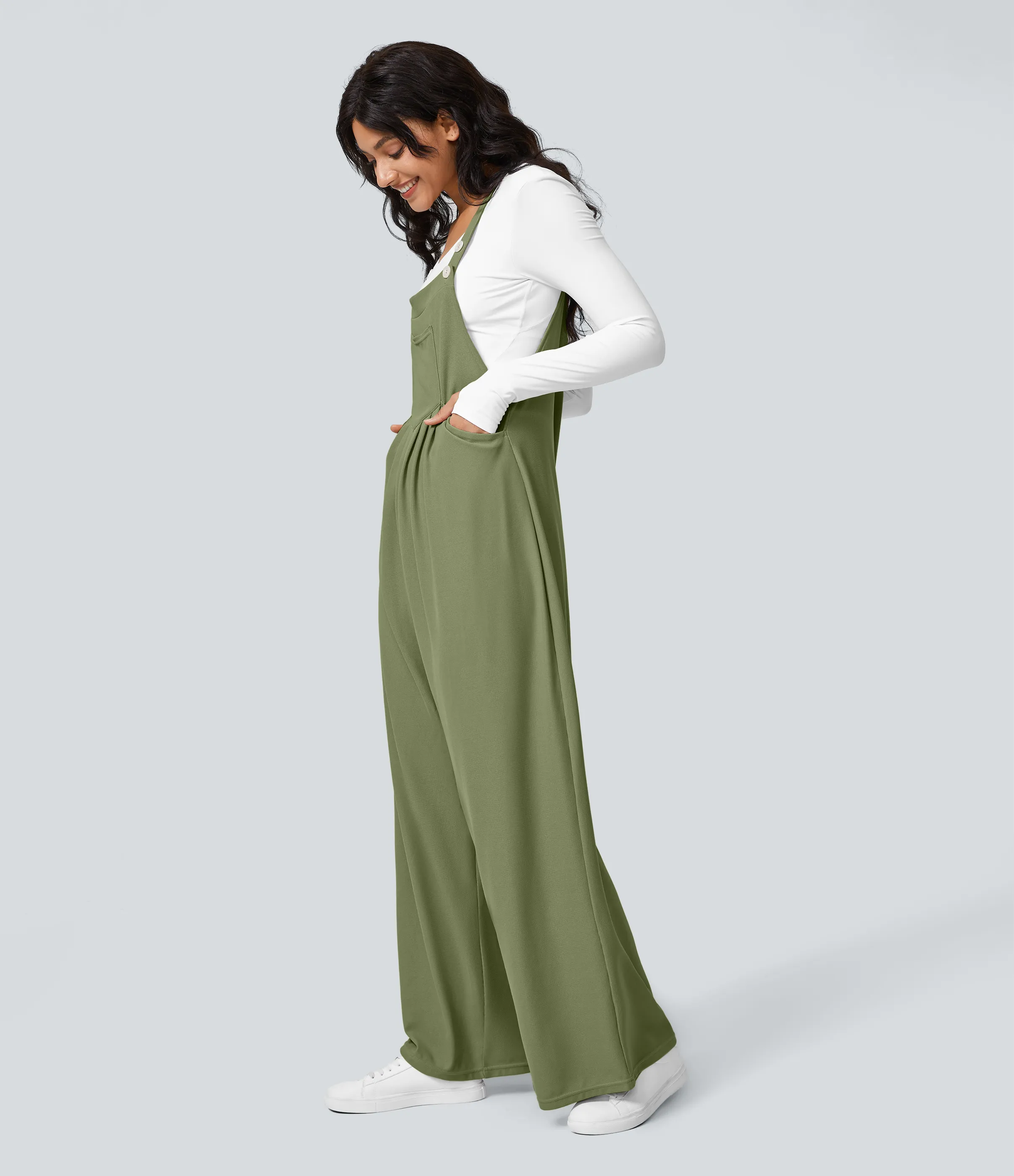 Halara Overol botón correa ajustable bolsillo múltiple gofre plisado - Loden Green - XS(tall) sold by Halara product image thumbnail 5