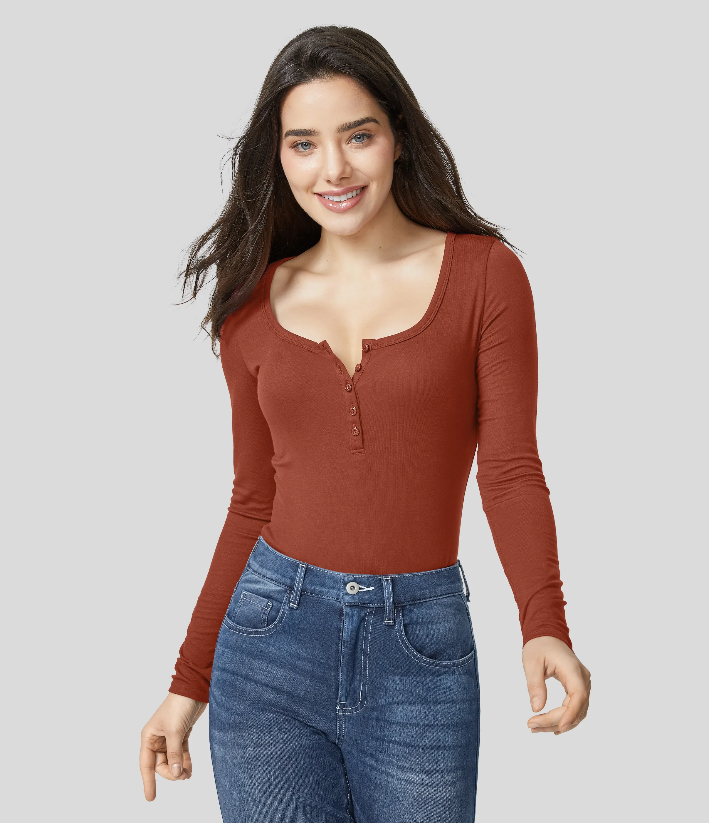 Halara Top ajustado manga larga cuello Henley acanalado - Picante - M sold by Halara