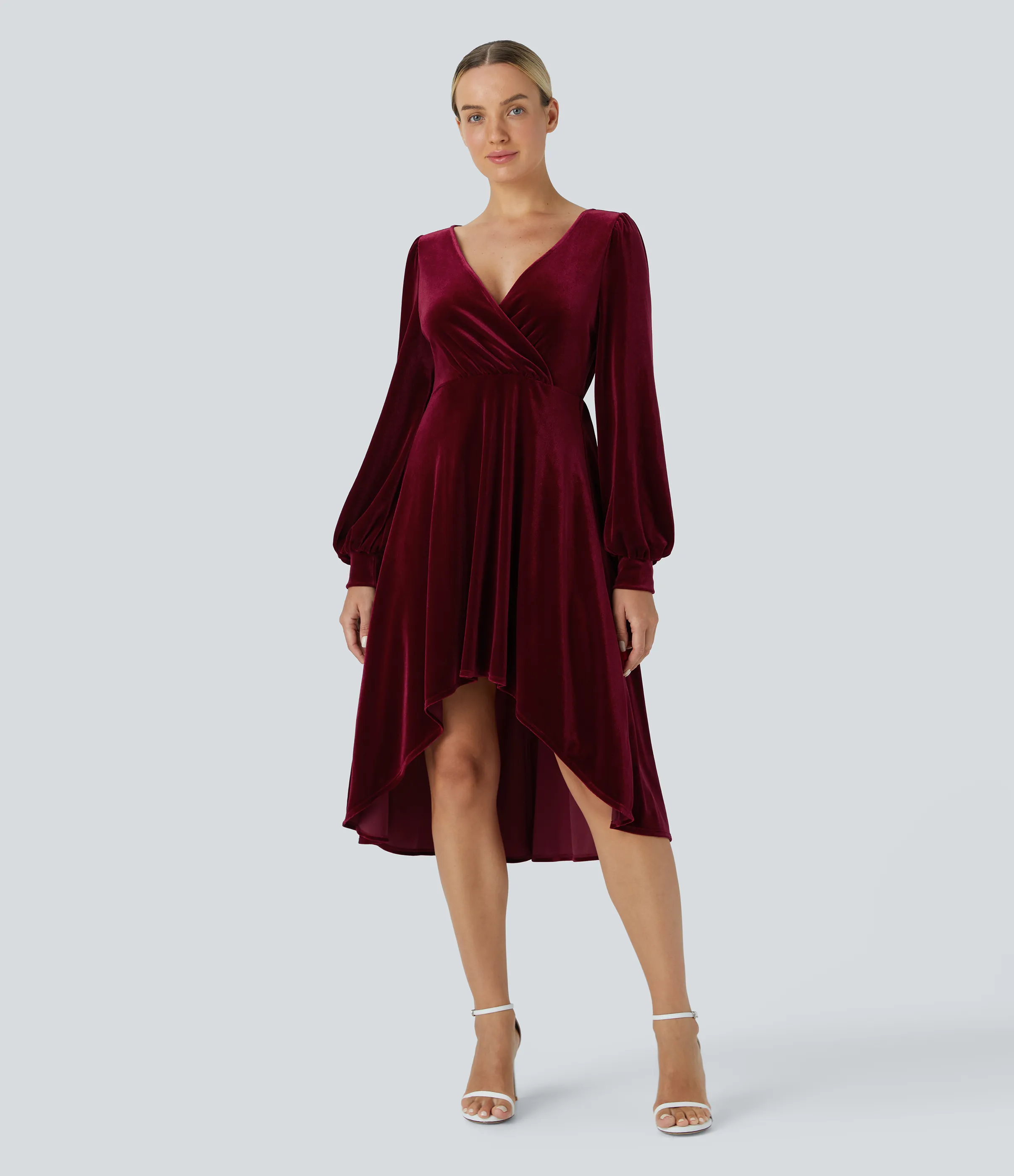 Halara Vestido midi terciopelo cuello V cruzado plisado manga larga largo hasta rodilla - Sangria - XS sold by Halara