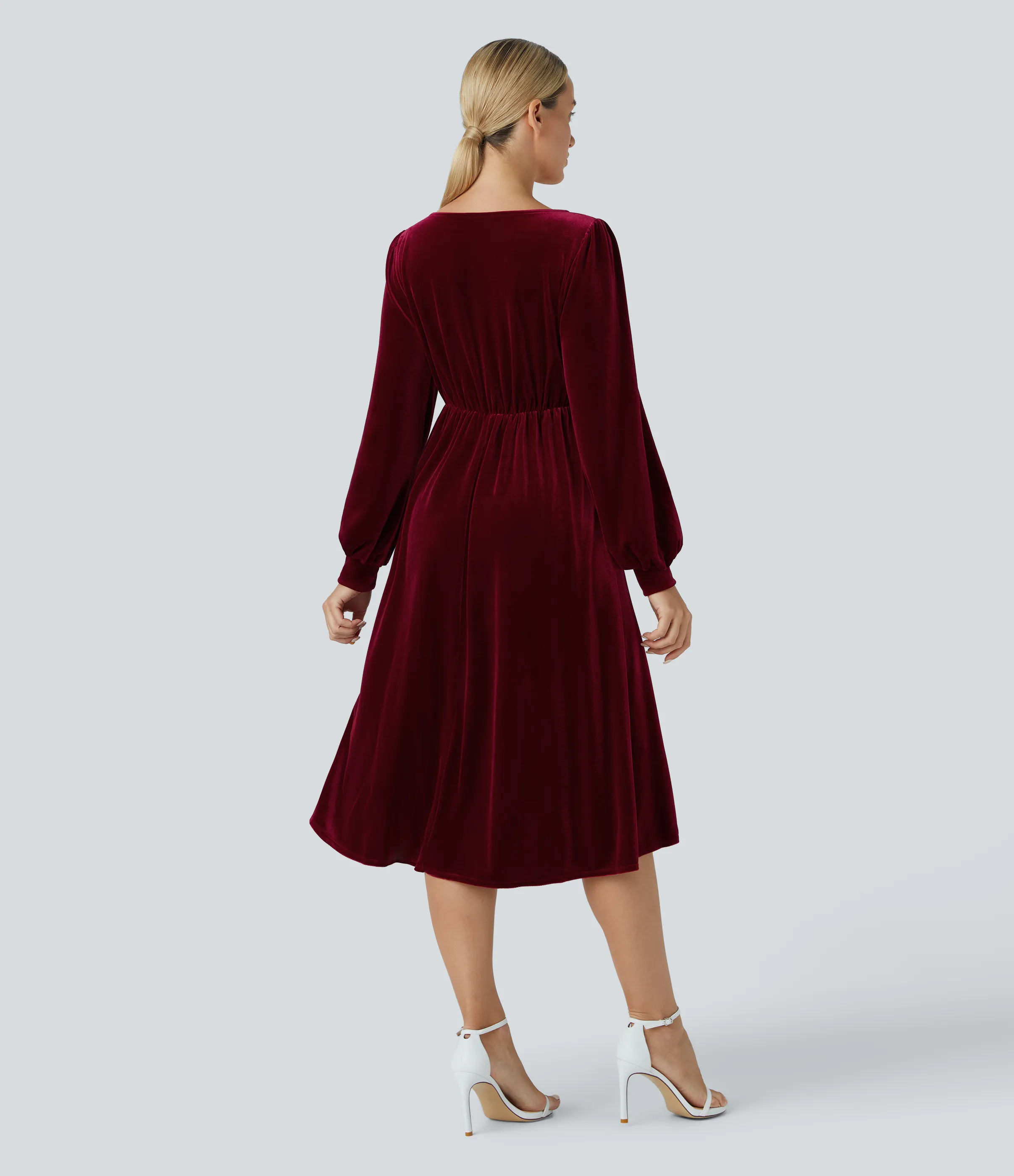 Halara Vestido midi terciopelo cuello V cruzado plisado manga larga largo hasta rodilla - Sangria - XS sold by Halara product image thumbnail 3