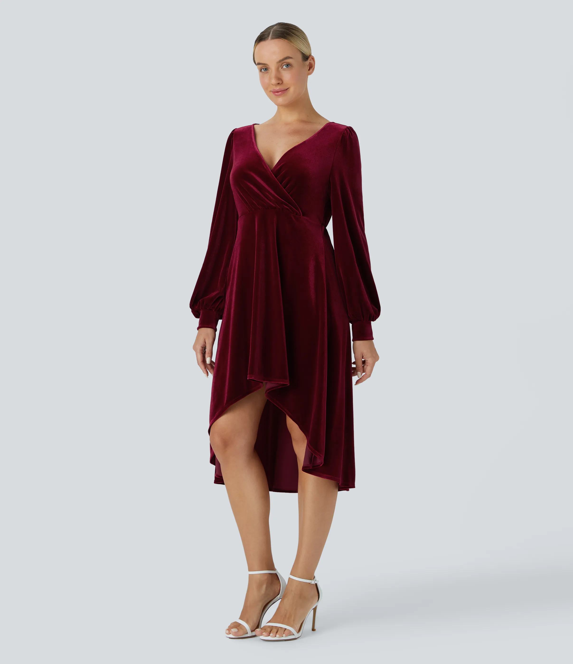 Halara Vestido midi terciopelo cuello V cruzado plisado manga larga largo hasta rodilla - Sangria - XS sold by Halara product image thumbnail 4