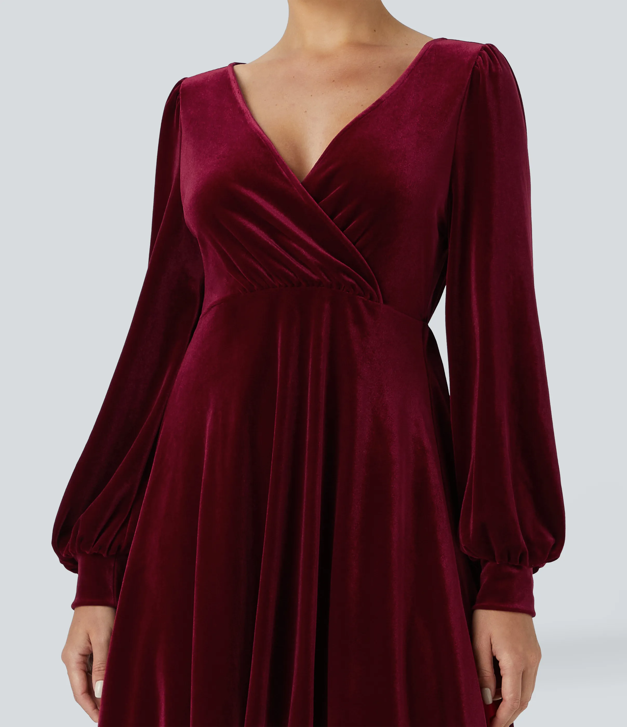 Halara Vestido midi terciopelo cuello V cruzado plisado manga larga largo hasta rodilla - Sangria - XS sold by Halara product image thumbnail 5