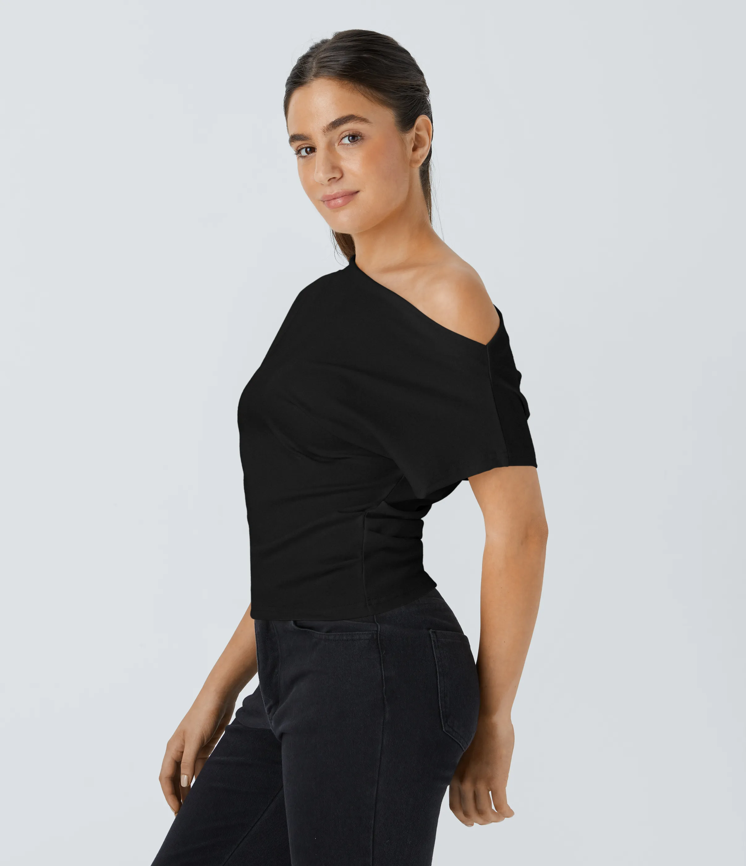 Halara Blusa fruncida manga corta sin hombro - Black - S sold by Halara product image thumbnail 4