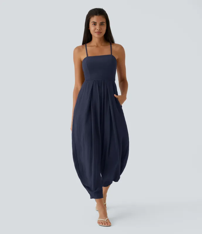 Halara Mono plisado con tirantes finos de espalda descubierta con bolsillo lateral y botones - Maritime Blue - XS(regular) made by Halara