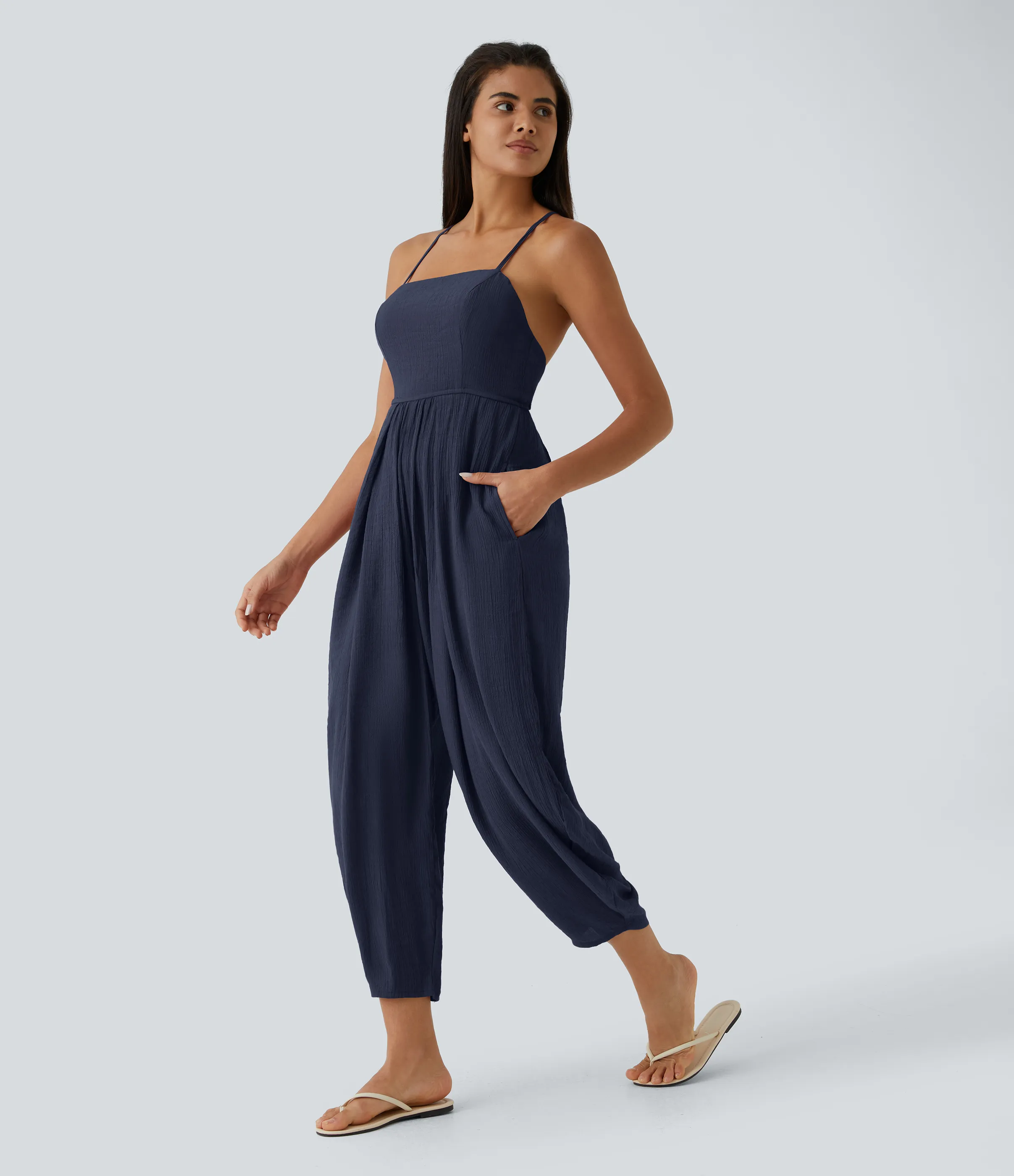 Halara Mono plisado con tirantes finos de espalda descubierta con bolsillo lateral y botones - Maritime Blue - XS(regular) sold by Halara product image thumbnail 4