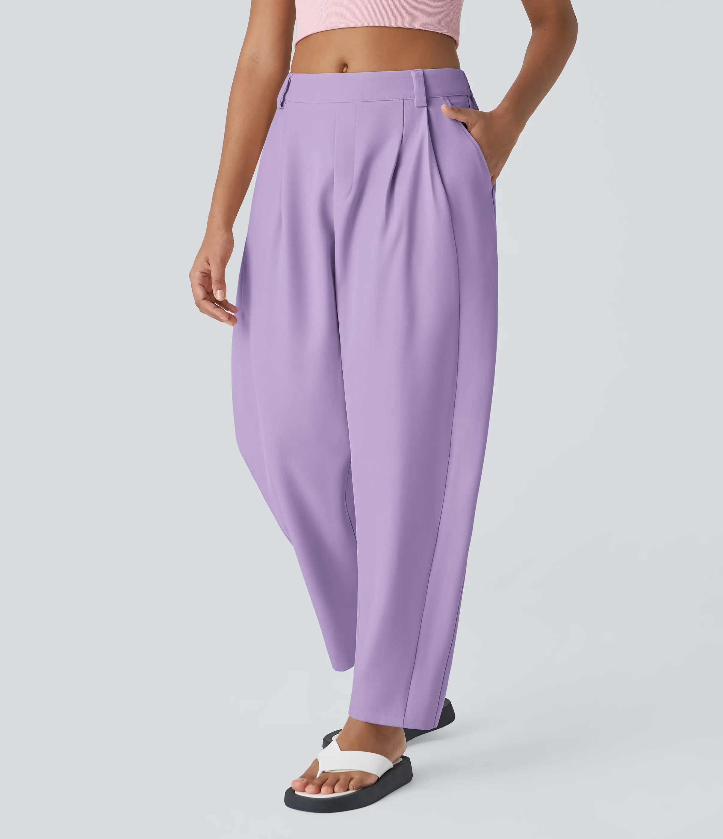 Halara Pantalón oficina pierna barril bolsillo lateral plisado tiro medio - Lilac Breeze - L(regular) sold by Halara product image thumbnail 4