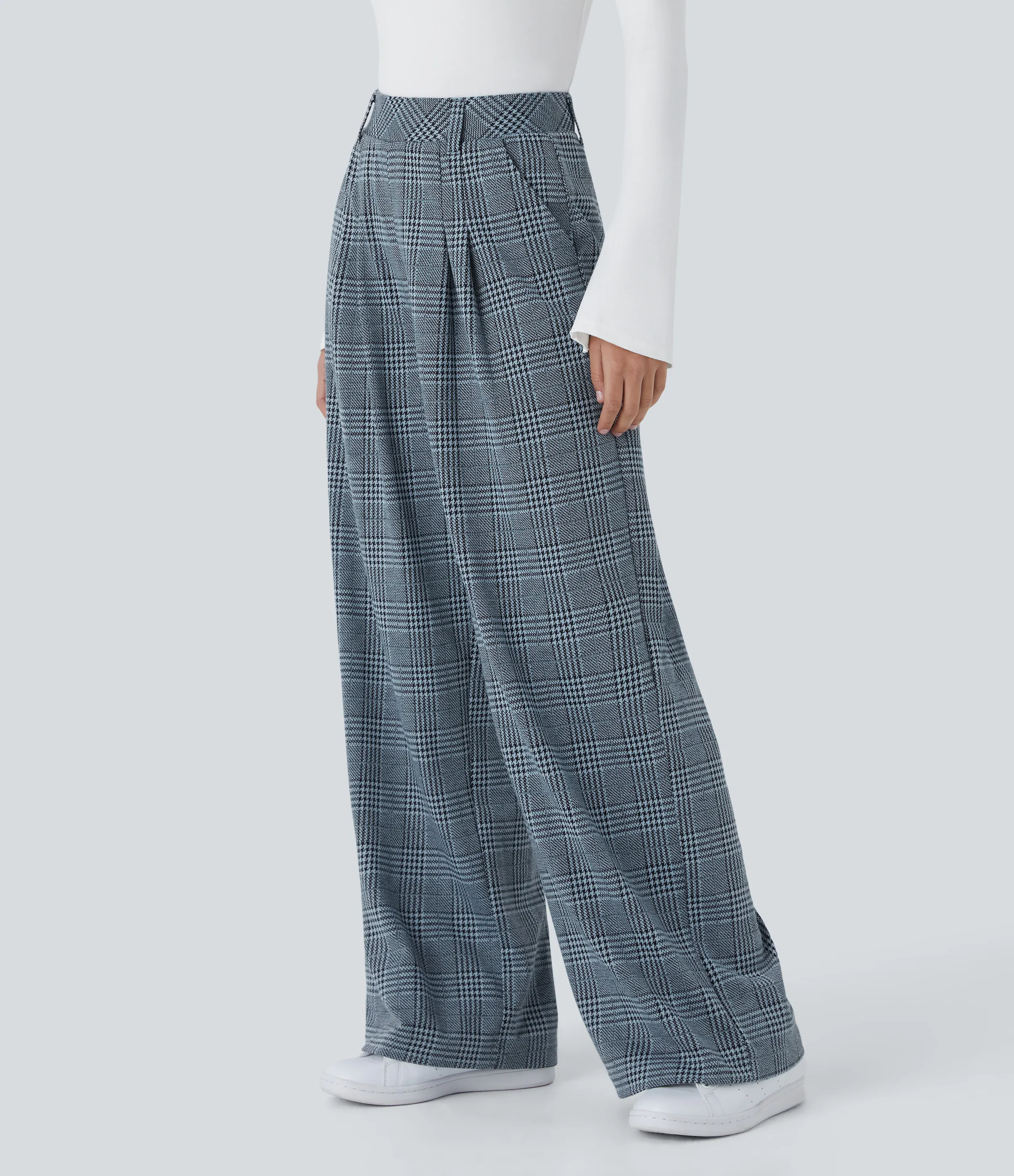 Halara Pantalón tiro alto bolsillo lateral pierna ancha estampado pata gallo - Grey Houndstooth Plaid - XL(regular) sold by Halara product image thumbnail 4