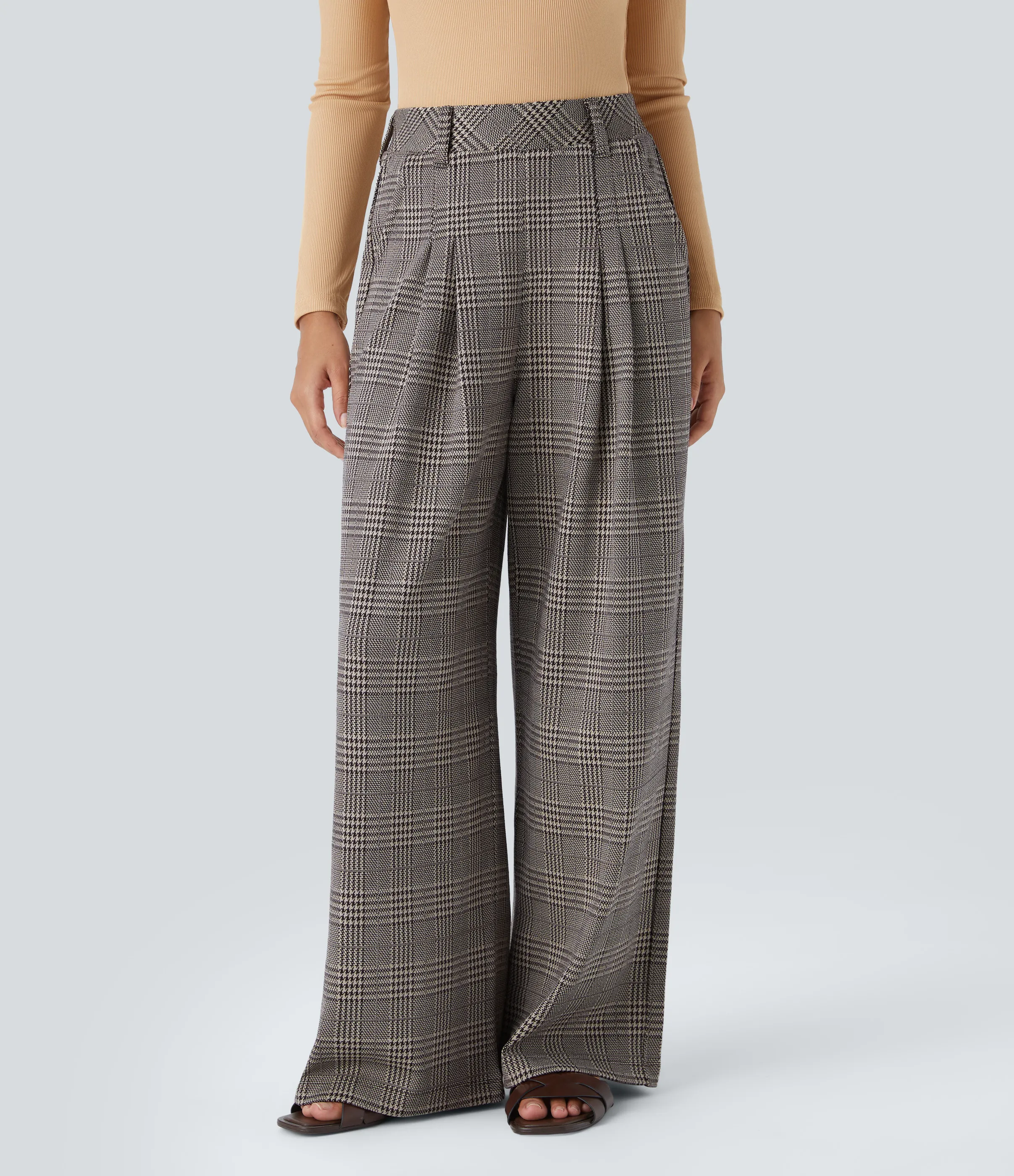 Halara Pantalón tiro alto bolsillo lateral pierna ancha estampado pata gallo - Brown Houndstooth Plaid - XS(petite) sold by Halara