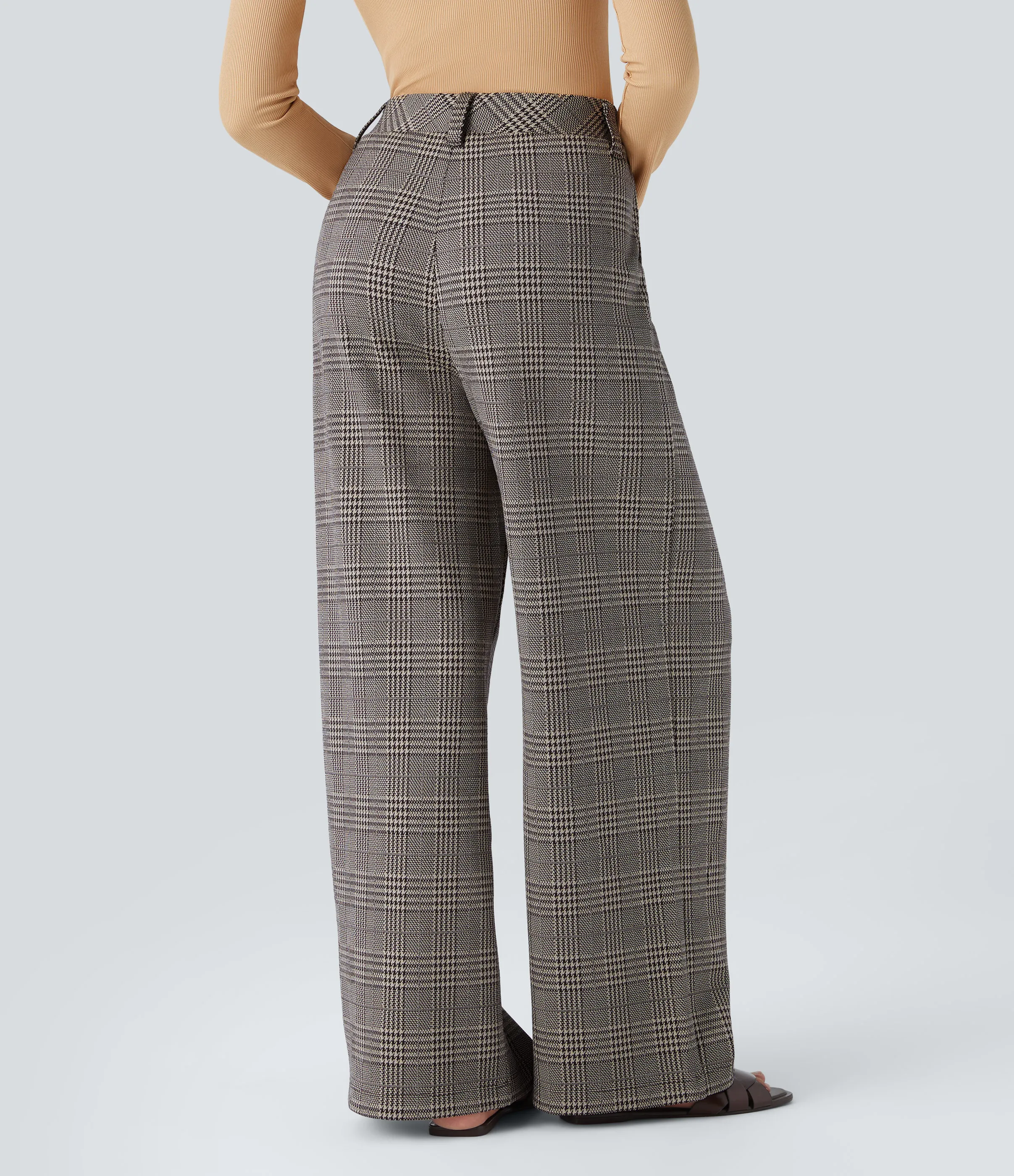 Halara Pantalón tiro alto bolsillo lateral pierna ancha estampado pata gallo - Brown Houndstooth Plaid - XL(petite) sold by Halara product image thumbnail 3