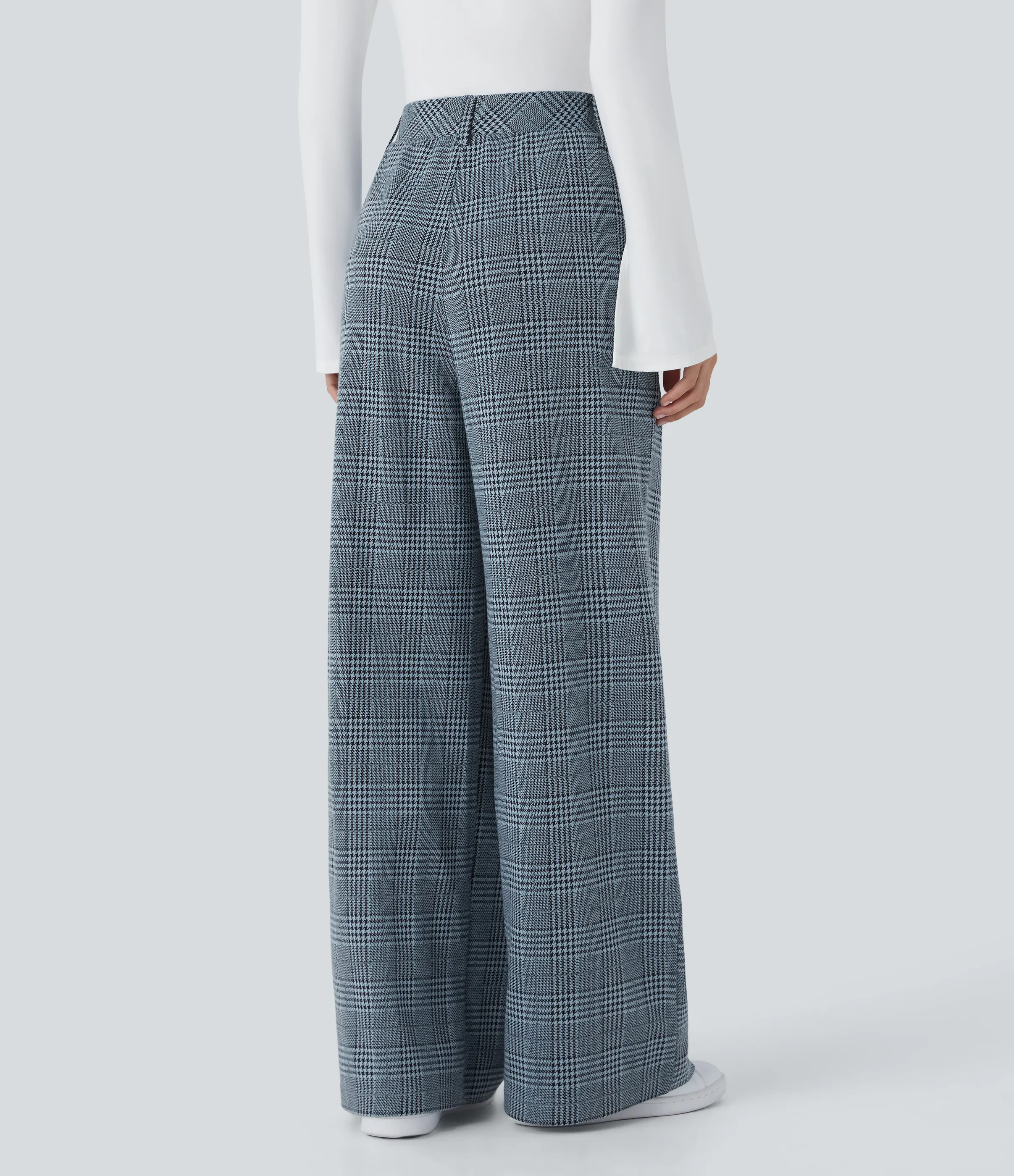 Halara Pantalón tiro alto bolsillo lateral pierna ancha estampado pata gallo - Grey Houndstooth Plaid - XL(petite) sold by Halara product image thumbnail 3