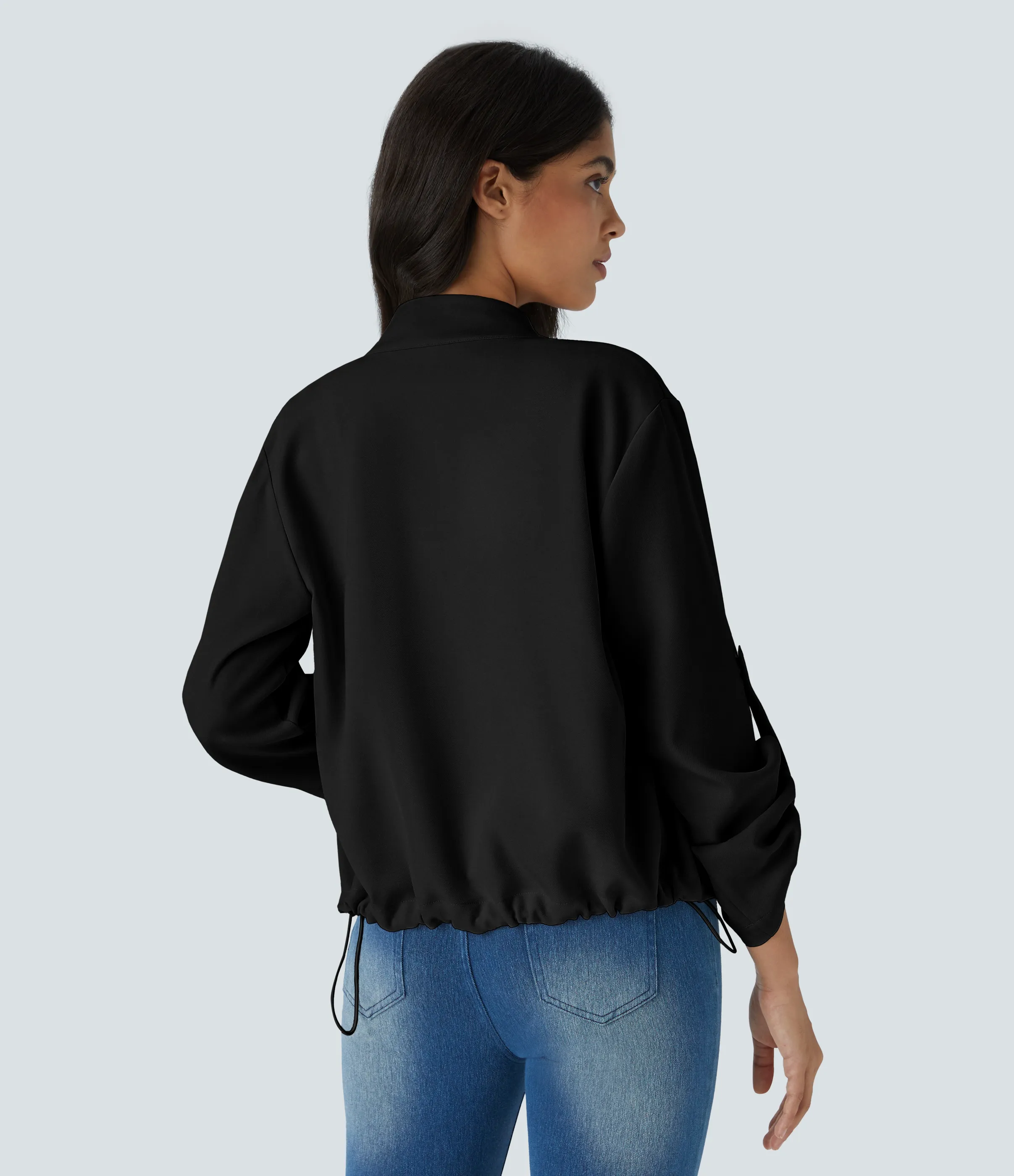 Halara Chaqueta cuello alto manga enrollable bolsillo solapa cordón interior dobladillo cremallera - Black - L sold by Halara product image thumbnail 3