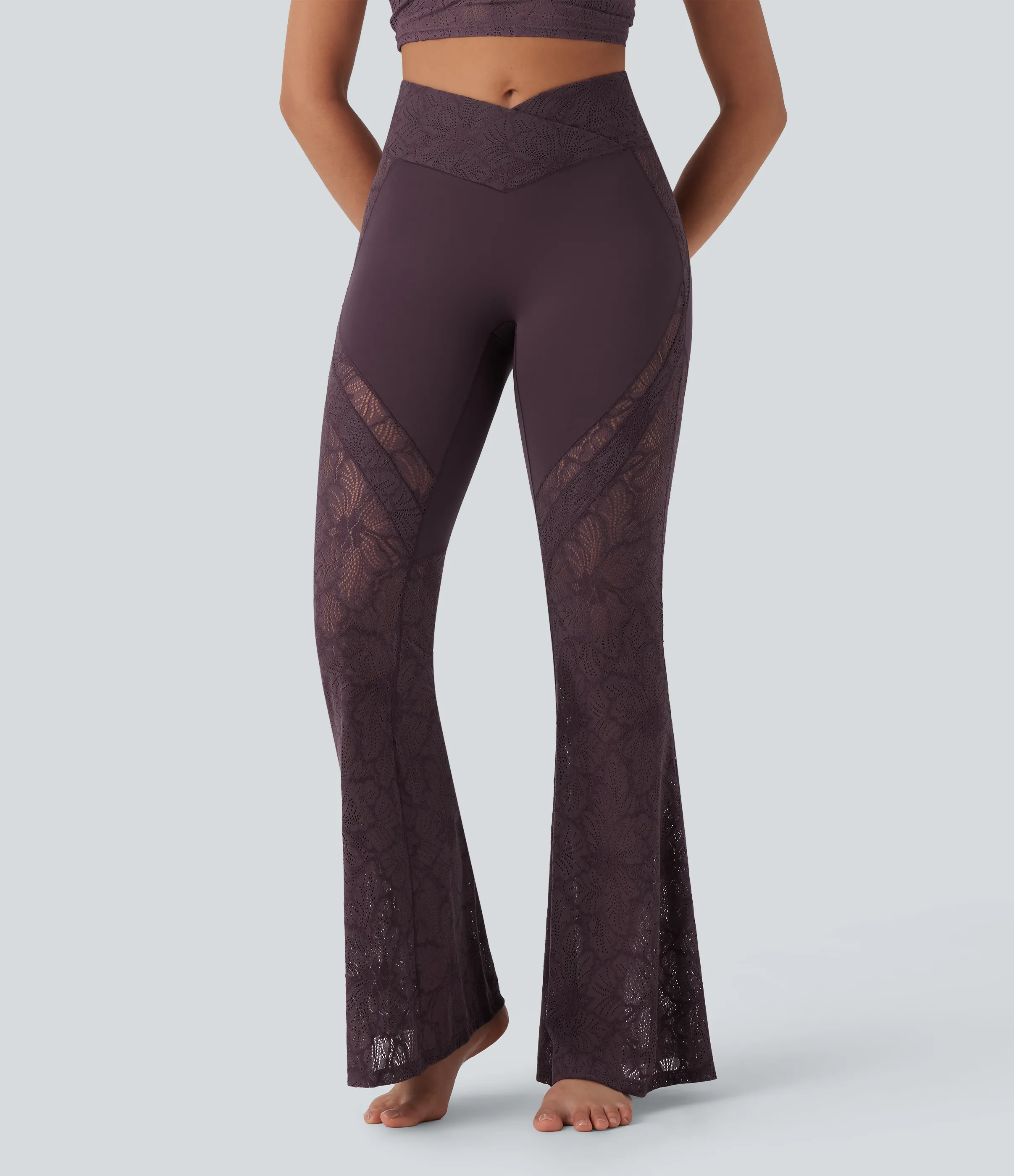 Halara Leggings de yoga acampanados Softlyzero™ de tiro alto con encaje en contrast y bolsillos traseros cruzados - Dusky Evening purple - S(regular) sold by Halara product image thumbnail 4