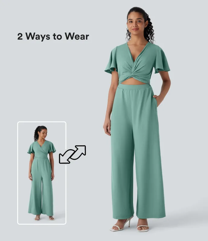 Halara Mono holgado pierna ancha fluido cuello V manga mariposa lazo espalda bolsillo lateral torcido - Azure - L(regular) sold by Halara