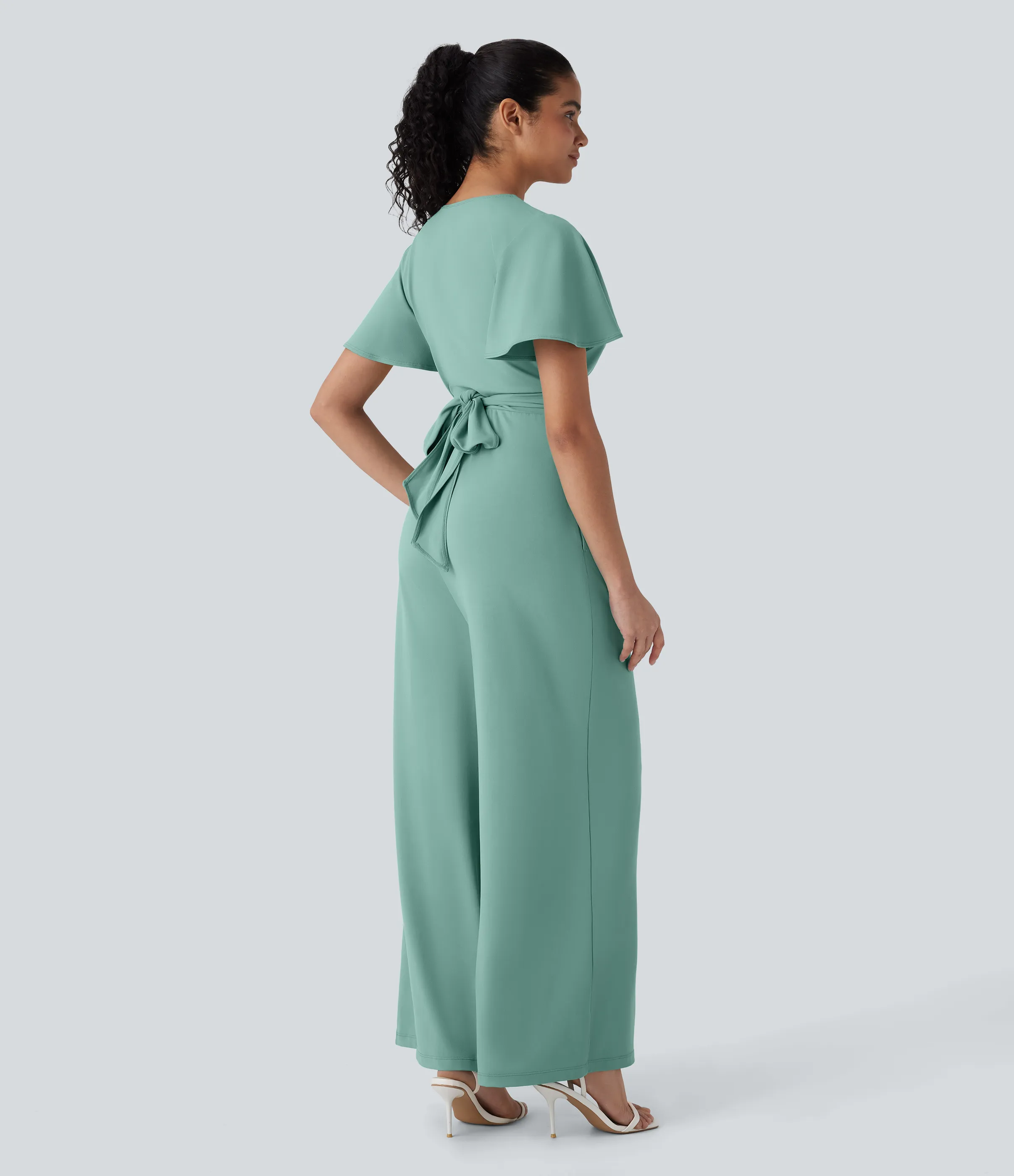 Halara Mono holgado pierna ancha fluido cuello V manga mariposa lazo espalda bolsillo lateral torcido - Azure - L(regular) sold by Halara product image thumbnail 3