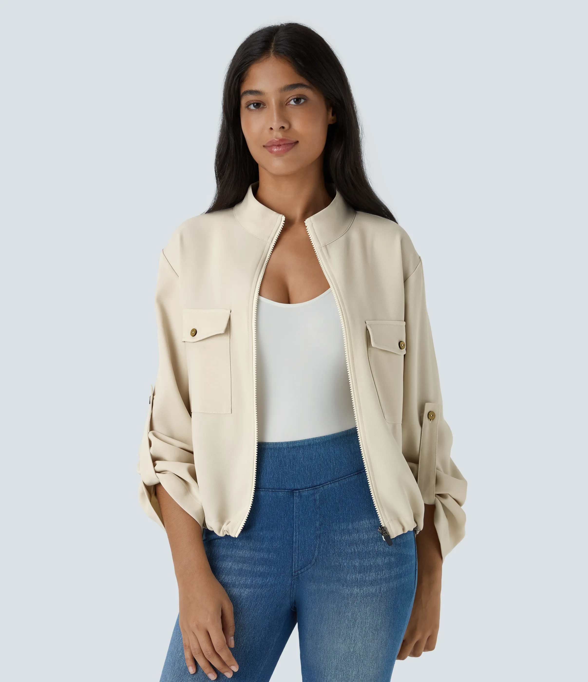 Halara Chaqueta cuello alto manga enrollable bolsillo solapa cordón interior dobladillo cremallera - Arctic Wolf - XS sold by Halara product image thumbnail 2