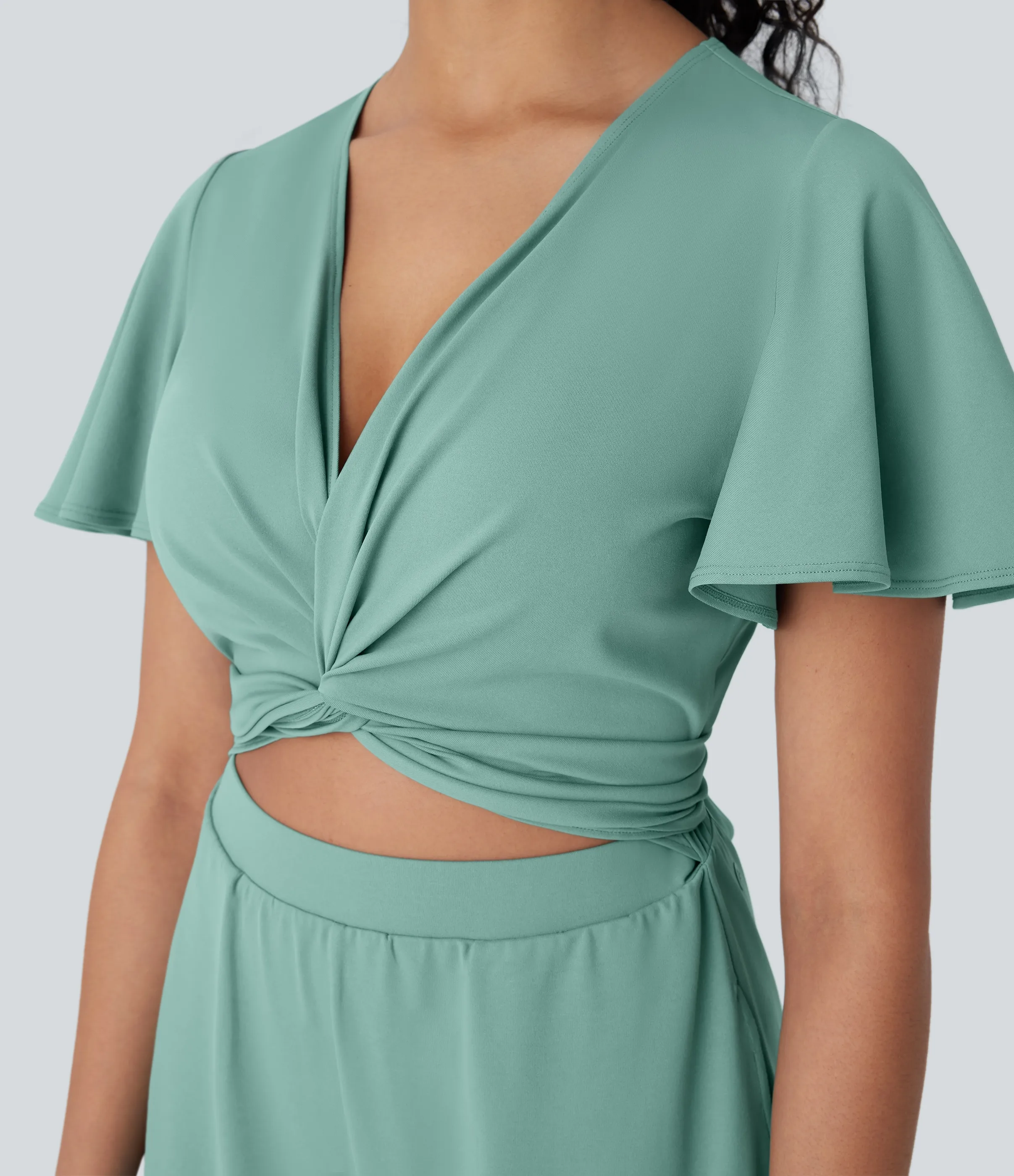 Halara Mono holgado pierna ancha fluido cuello V manga mariposa lazo espalda bolsillo lateral torcido - Azure - M(regular) sold by Halara product image thumbnail 5