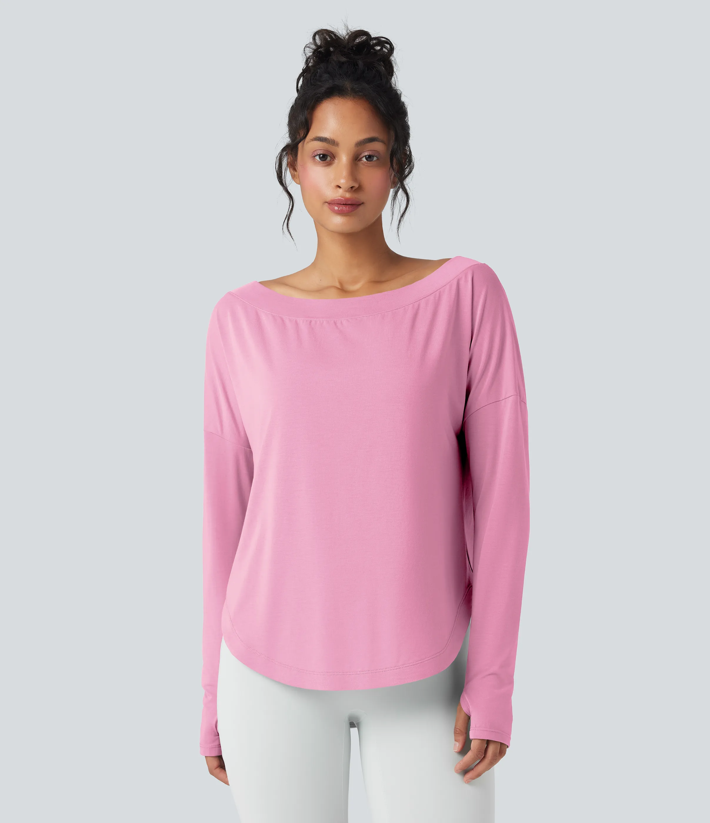 Halara Top deportivo de yoga de secado rápido de manga larga con hombro asimétrico, dobladillo curvo y abertura para el pulgar - Pink Frosting - M sold by Halara product image thumbnail 4