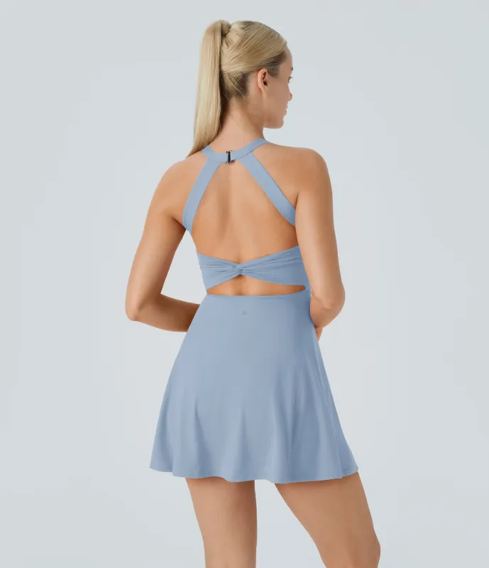 Halara Vestido deportivo sin espalda con diseño retorcido en copas D-F - Light Grey Blue - M sold by Halara