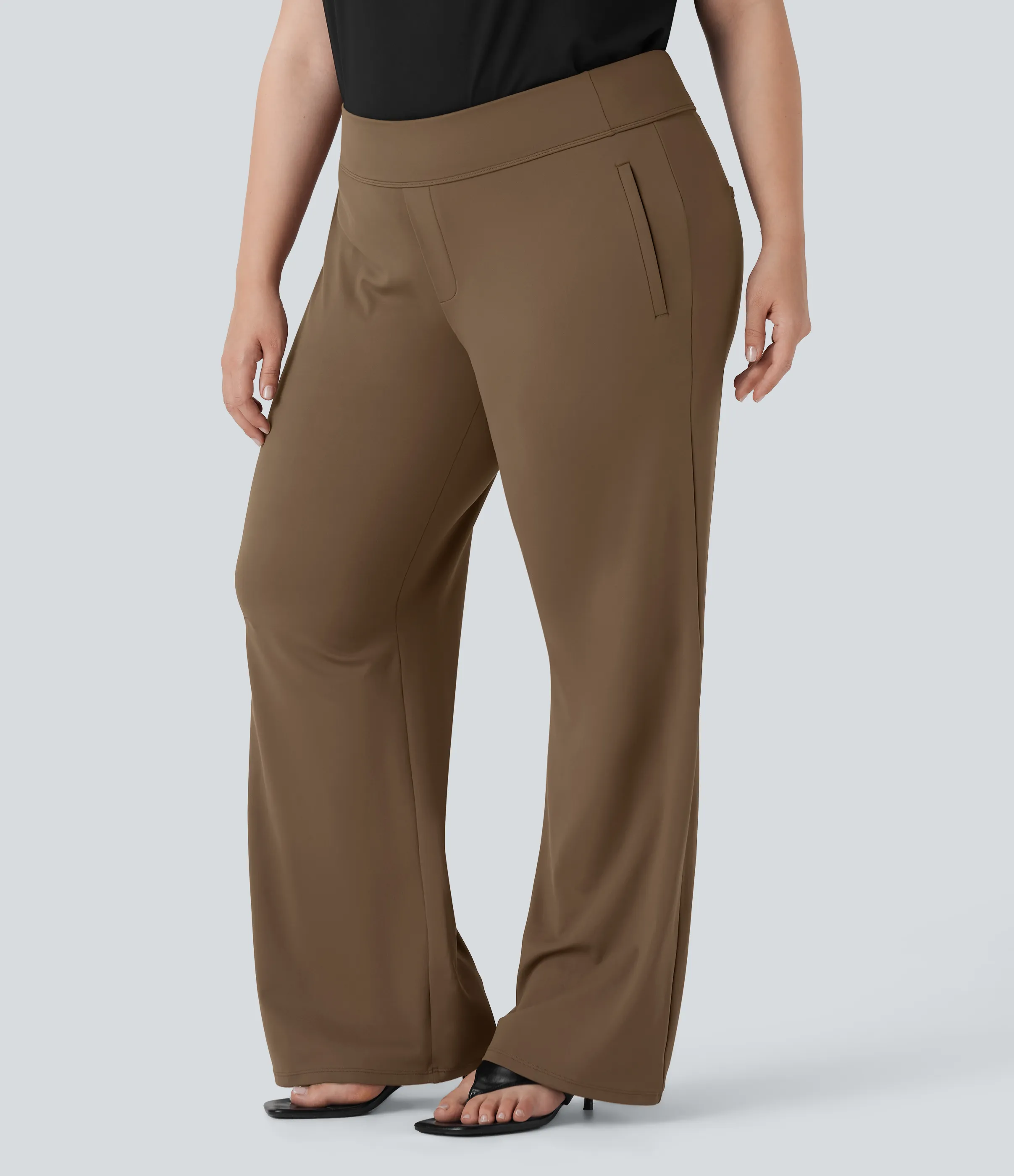 Halara Pantalón Halara Flex™ oficina acampanado tiro alto talla grande bolsillo lateral cremallera - Sepia - 2X(regular) sold by Halara