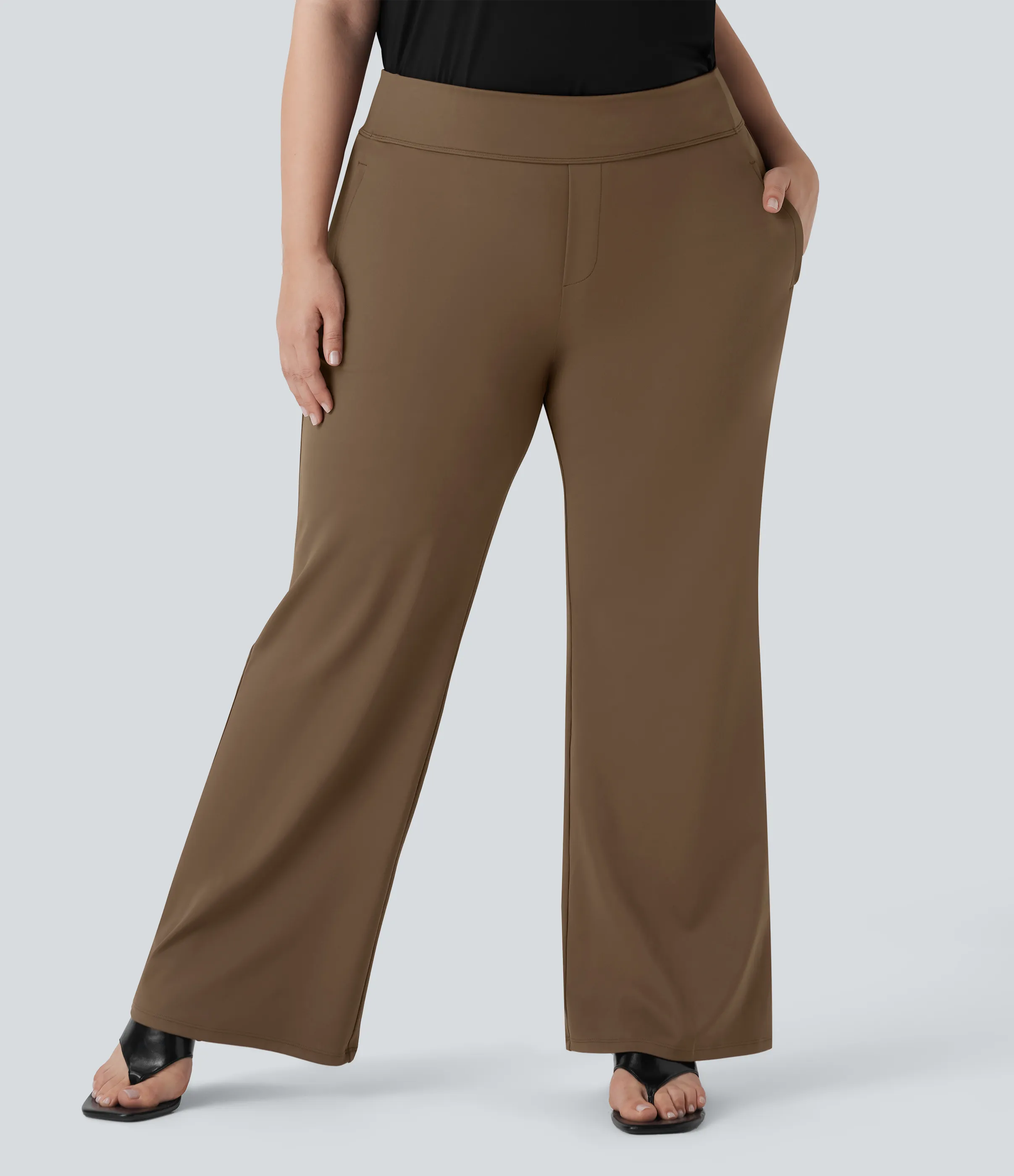 Halara Pantalón Halara Flex™ oficina acampanado tiro alto talla grande bolsillo lateral cremallera - Sepia - 2X(regular) sold by Halara product image thumbnail 4