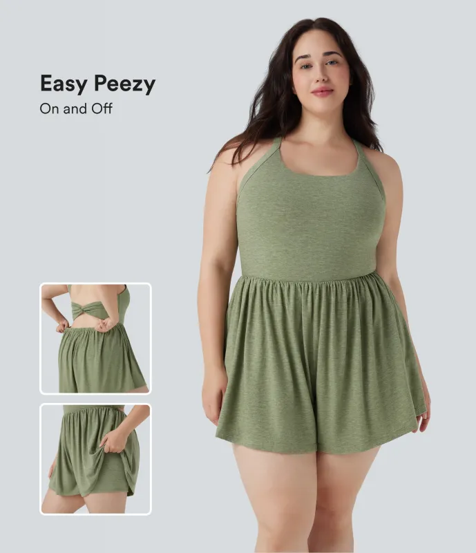 Halara Mono 2 en 1 talla grande sin espalda bolsillo - Edición Easy Peezy - Light Green Floral Yarn - 2X sold by Halara