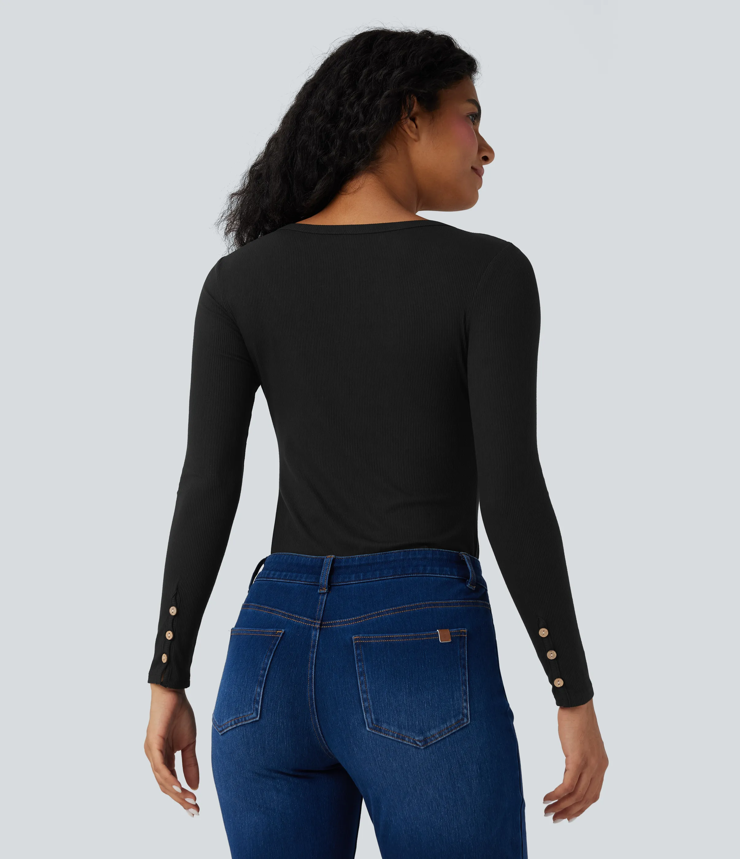 Halara Top casual ajustado de manga larga con cuello henley de punto acanalado - Black - S sold by Halara product image thumbnail 3