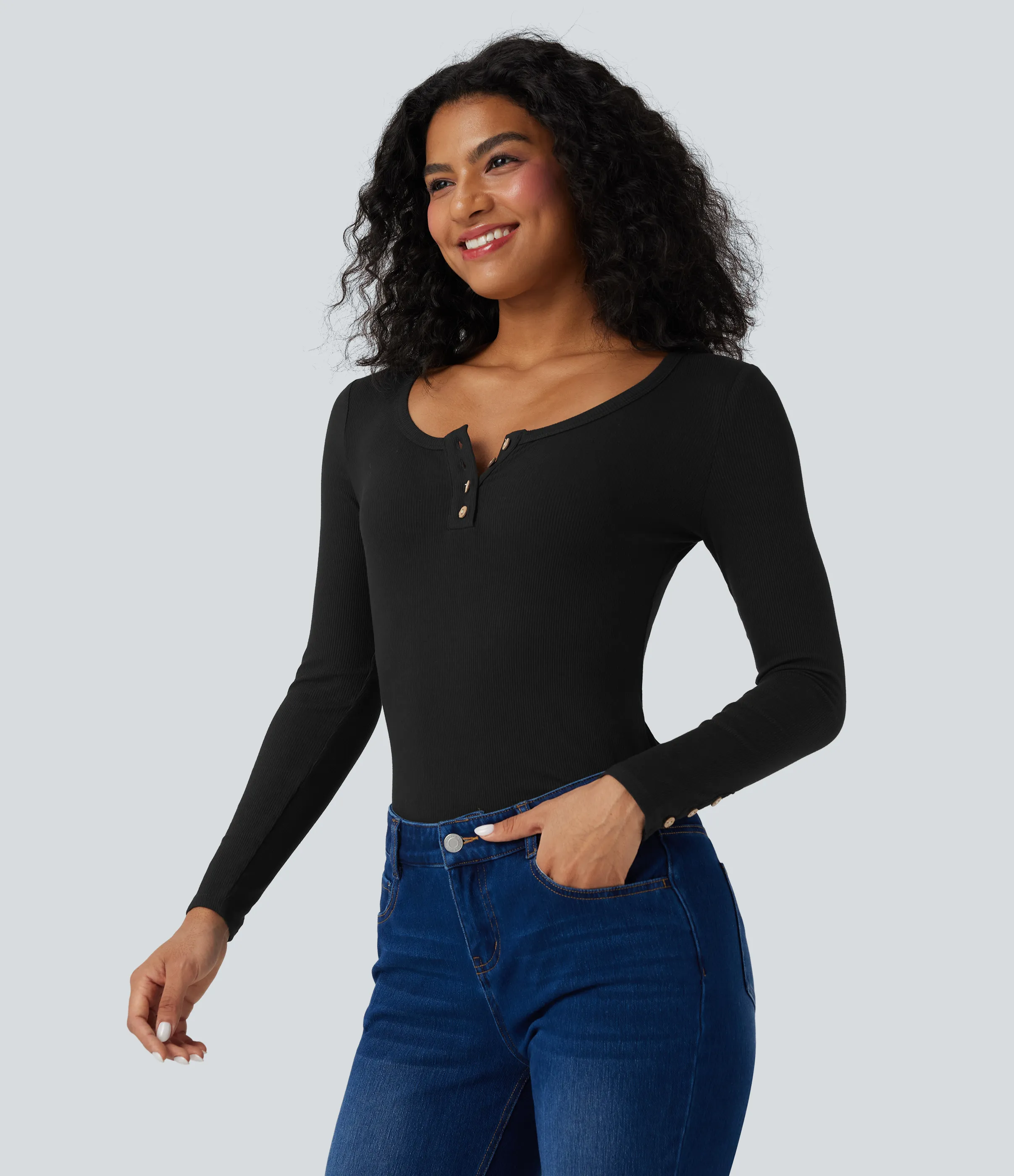 Halara Top casual ajustado de manga larga con cuello henley de punto acanalado - Black - S sold by Halara product image thumbnail 4