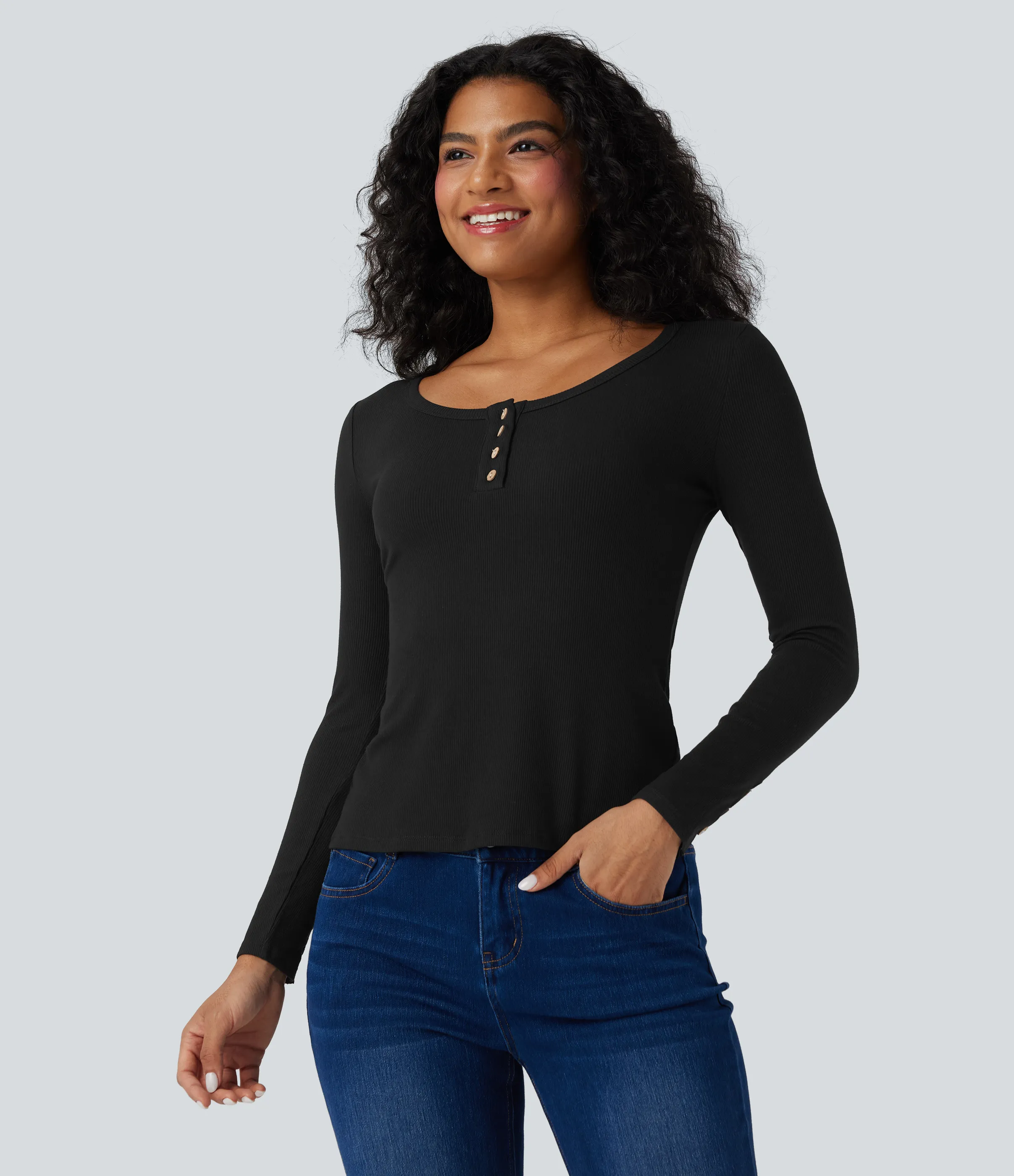 Halara Top casual ajustado de manga larga con cuello henley de punto acanalado - Black - S sold by Halara product image thumbnail 5