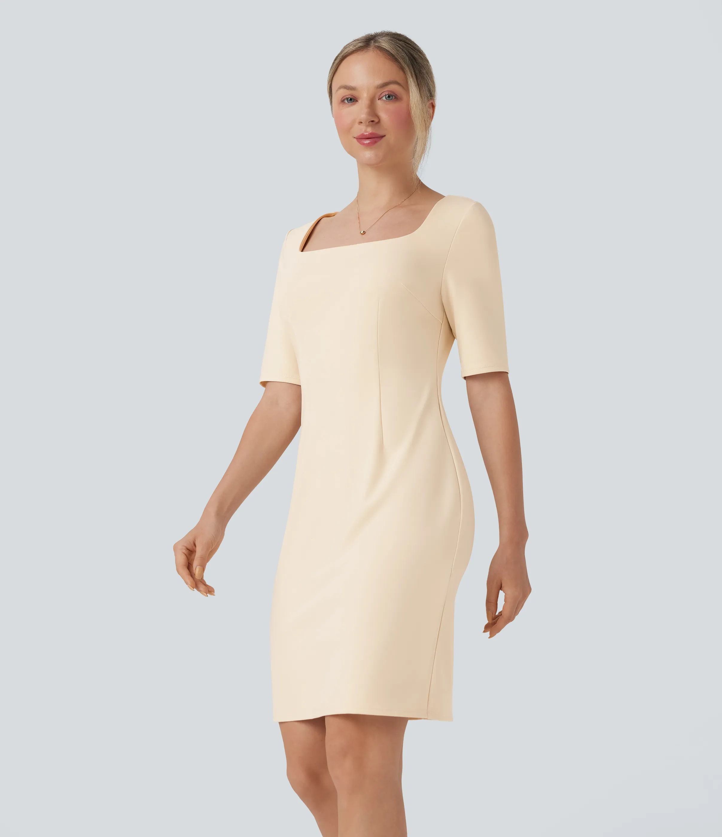 Halara Vestido de oficina ajustado de tubo con cuello cuadrado y media manga - Arctic Wolf - XL sold by Halara product image thumbnail 4