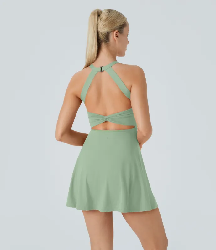 Halara Vestido deportivo sin espalda con diseño retorcido en copas D-F - Light Bean Green - M sold by Halara