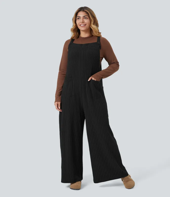 Halara Mono casual de punto acanalado de talla grande con bolsillos - Black - 1X(regular) made by Halara
