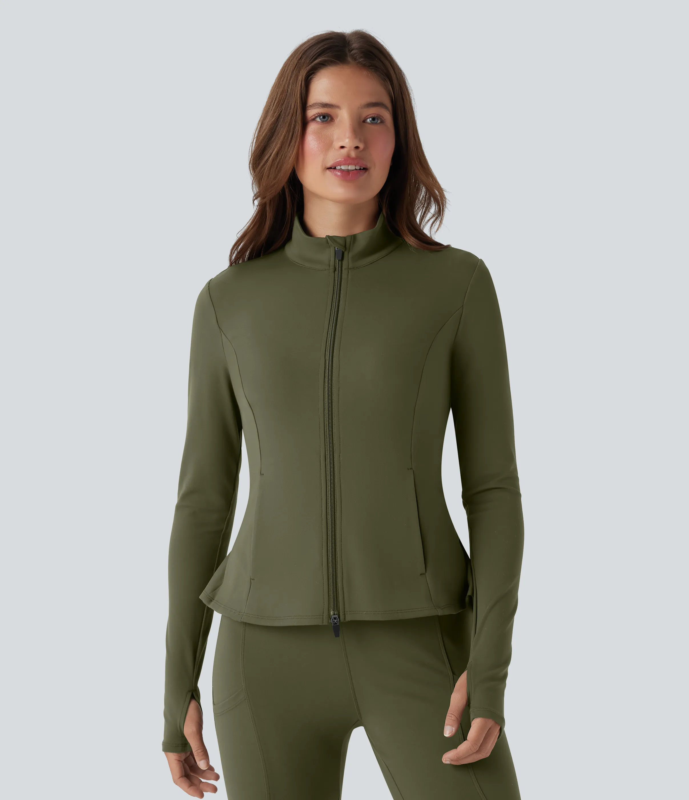 Halara Chaqueta ajustada con cuello alto, cremallera, abertura para el pulgar, dobladillo con volantes y bolsillos - Forest Night - XL sold by Halara product image thumbnail 4