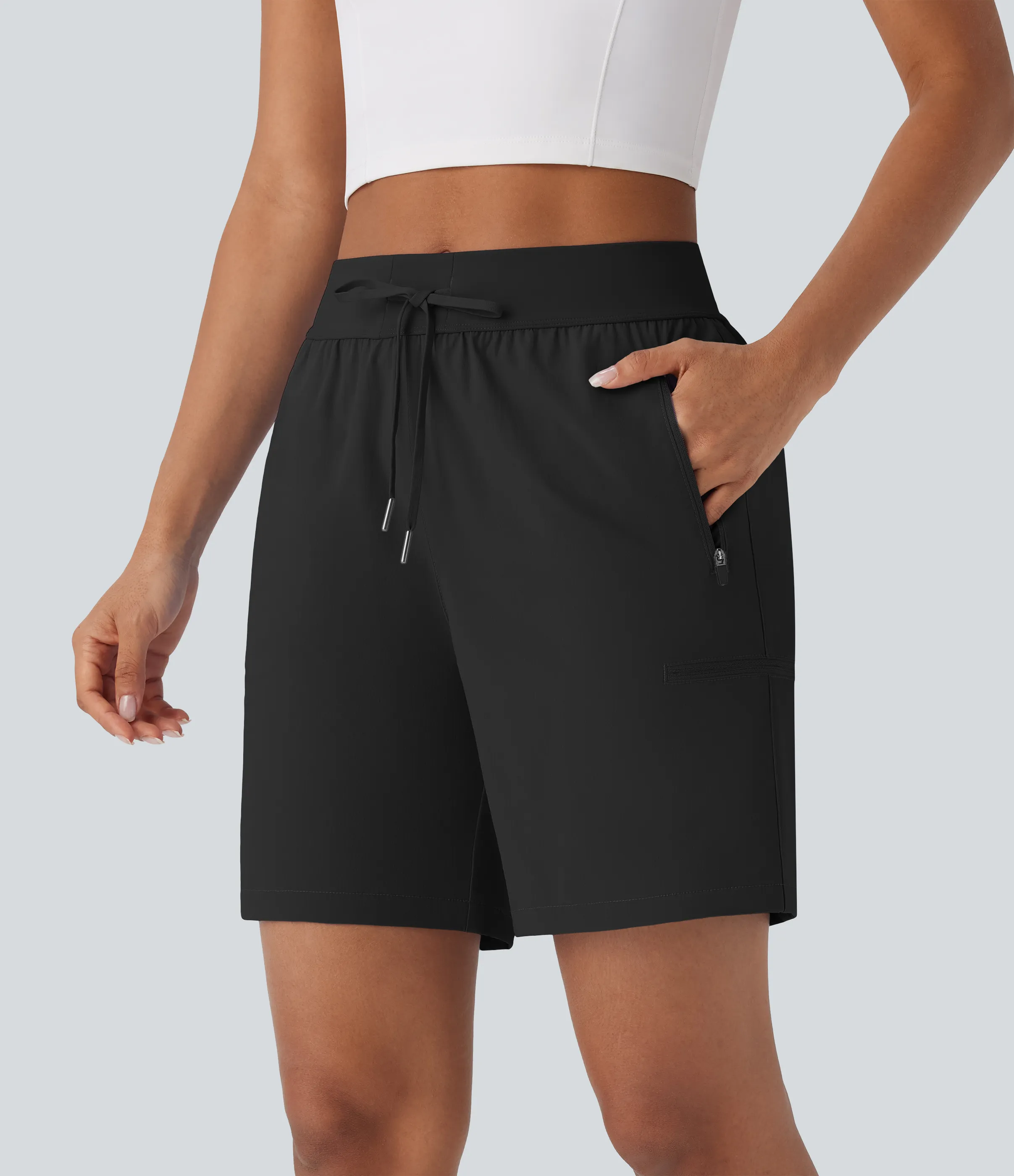 Halara Pantalones cortos de senderismo impermeables y resistentes, de tiro medio con cordón ajustable y múltiples bolsillos con cremallera. - Black - L sold by Halara product image thumbnail 2